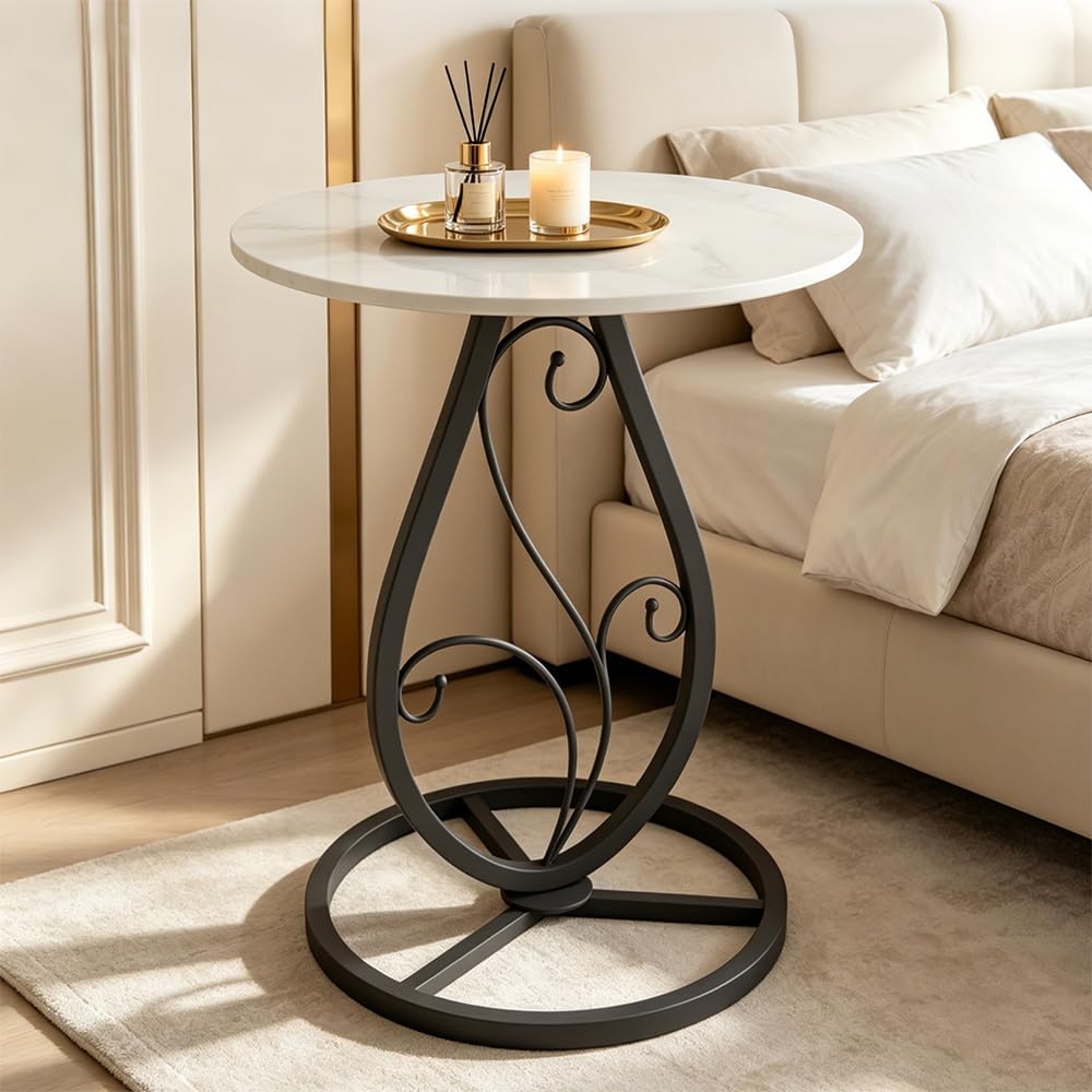 Round End Table Living Room, BOHO Small Side Table with Luxury Marble Top & Black Metal Base, Modern Coffee Accent Table, Bedside Nightstand for Bedroom, Sofa End Table for Couch Outdoor Patio (Black)