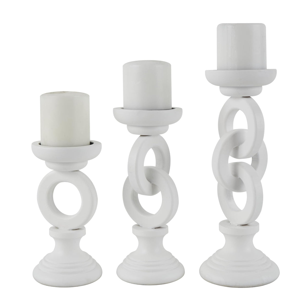Deco 79 Wooden Decorative Candle Holder Chain Link Candle Stand, Set of 3 Candlestick Holder 13", 11", 9" H, White