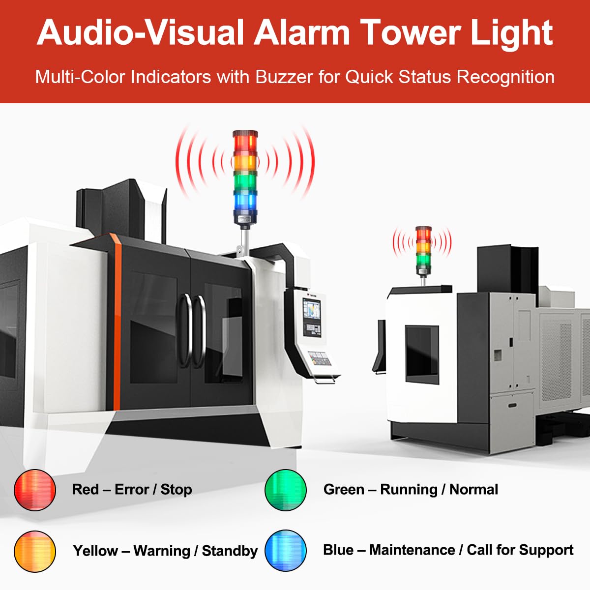 4 Stack Super Bright LED Andon Tower Light with Buzzer, 24VDC Red/Yellow/Green/Blue, Off-ON Switch, 16.4ft Extension Cord, 9.8ft Power Adapter, Plug Play Ready, for Factory Automation & Safety Alarms