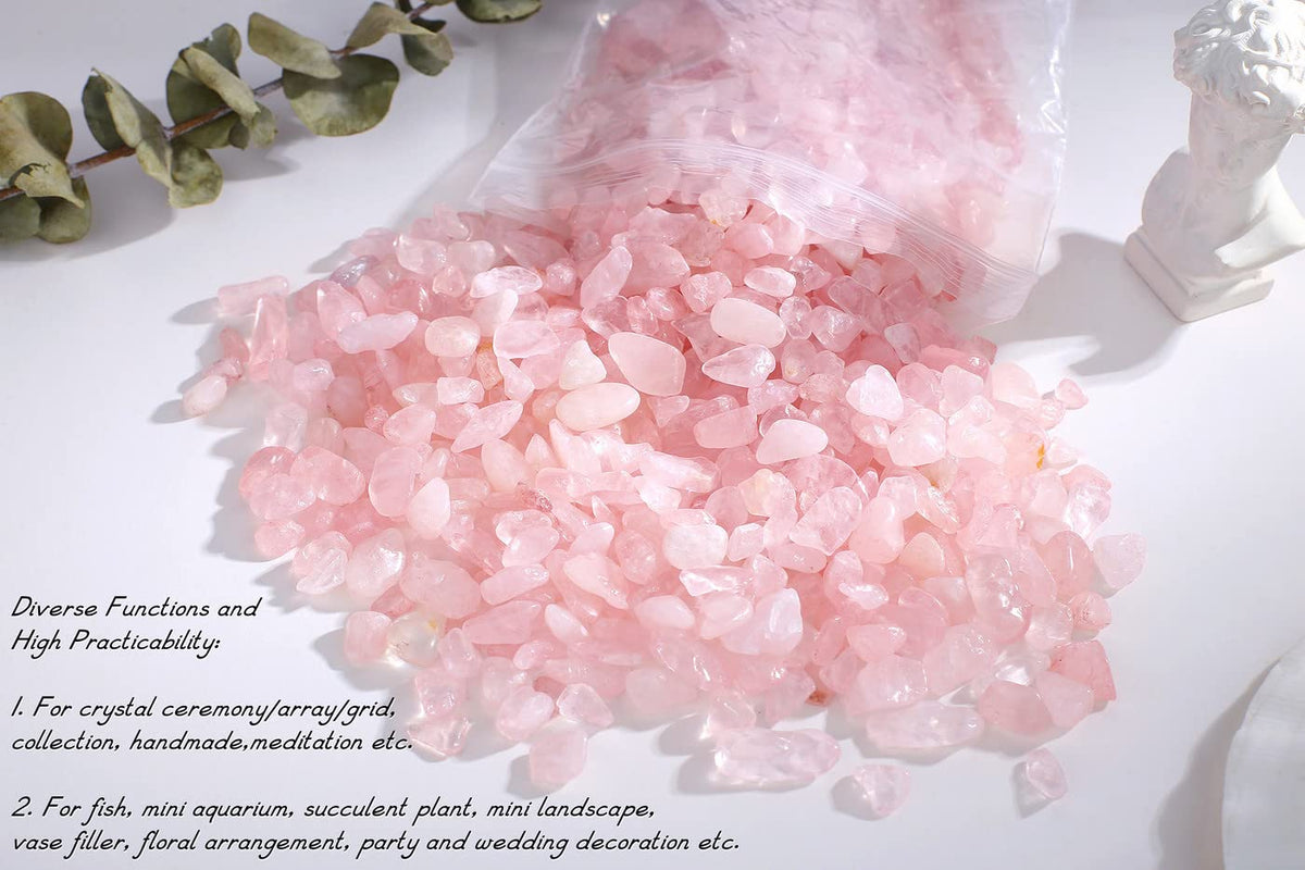 Rose Quartz Crystal Gravel Polished Rocks Chips Crushed Stones Healing Bulk Natural Tumbled Gem Home Decoration Pebbles Aquarium Tank Plants Landscape Vase Filler Bottom Ornament 0.9lb 14.1 OZ