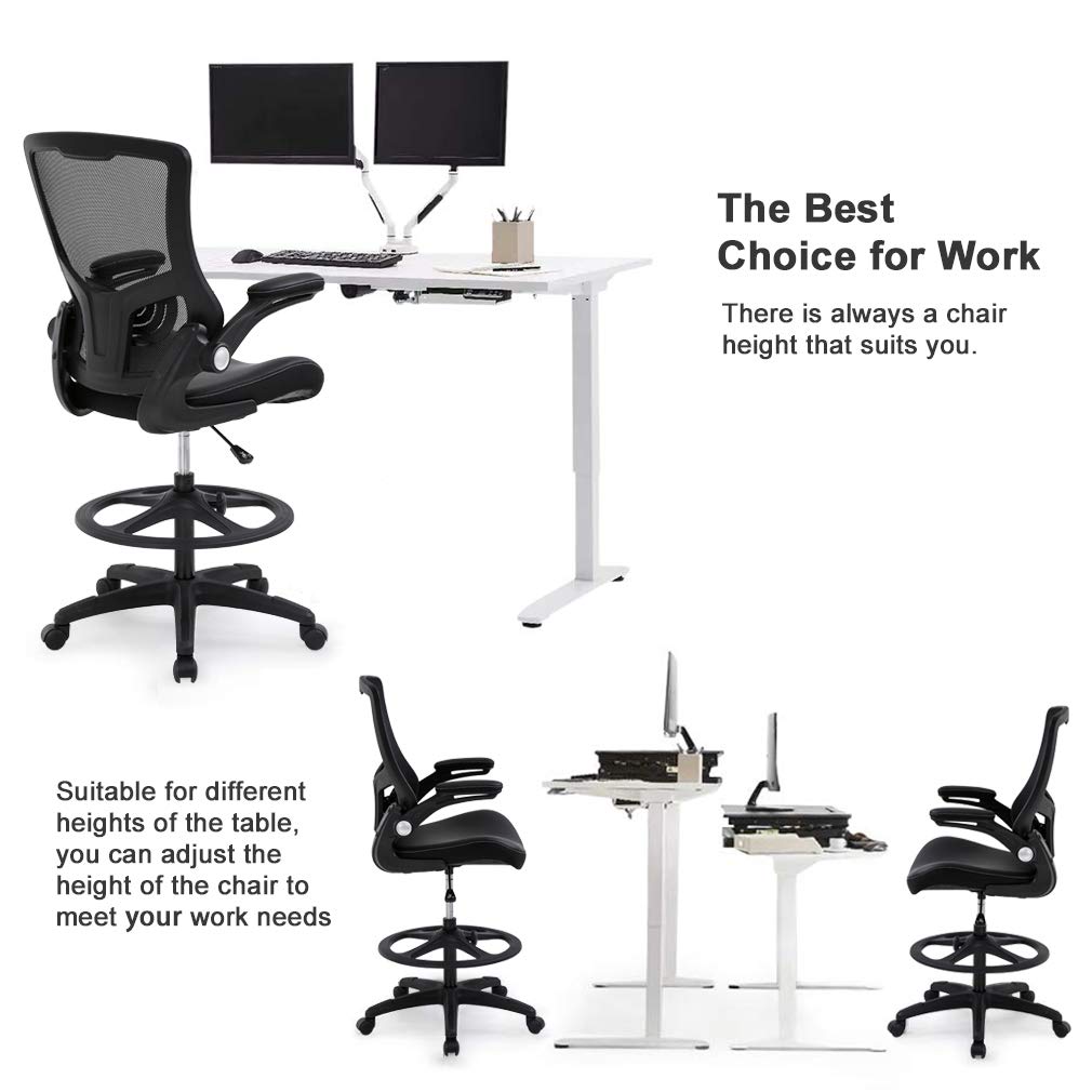 BestOffice Drafting Chair Ergonomic Tall Office Chair Standing Desk Chair with Flip Up Arms Foot Rest Back Support Adjustable Height Mesh Drafting Stool, Black