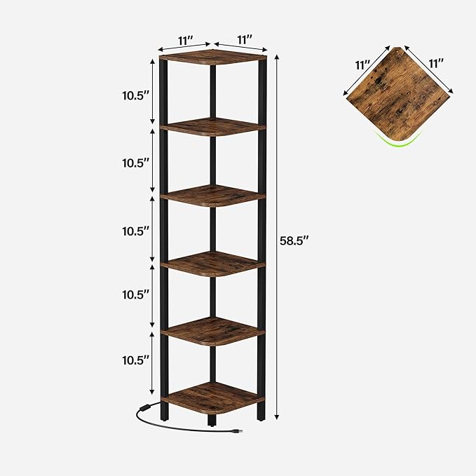 TUTOTAK Corner Shelf with LED Light, 6-Tier Corner Bookshelf