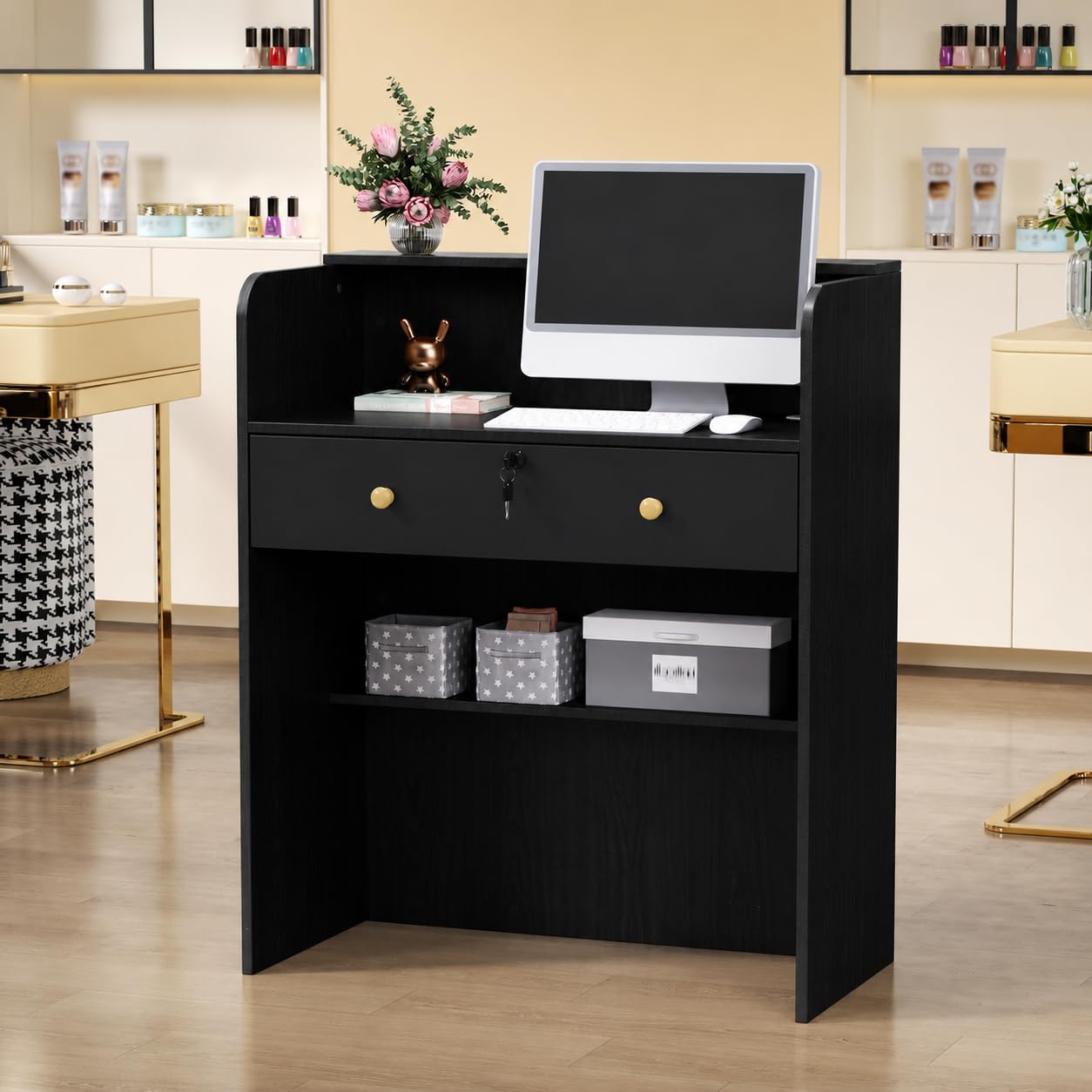 wupeiaoo Reception Desk with Counter, Modern Black Reception Desk with Drawers, Front Retail Counter for Checkout, Lobby, Beauty Salon, Home Office