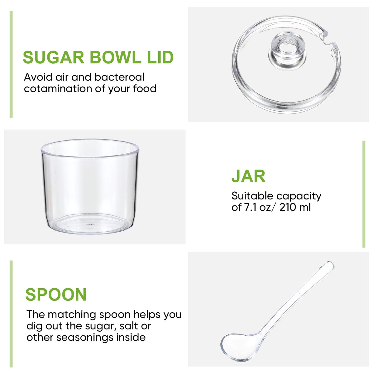 LemonRoad Set of 3 Clear Acrylic Sugar Bowl with Lid and Spoon for Coffee Bar Accessories, 7oz Tea Sugar Coffee Containers Salt Canister Spice Jars, Kitchen Seasoning Box Condiment Pots with Labels
