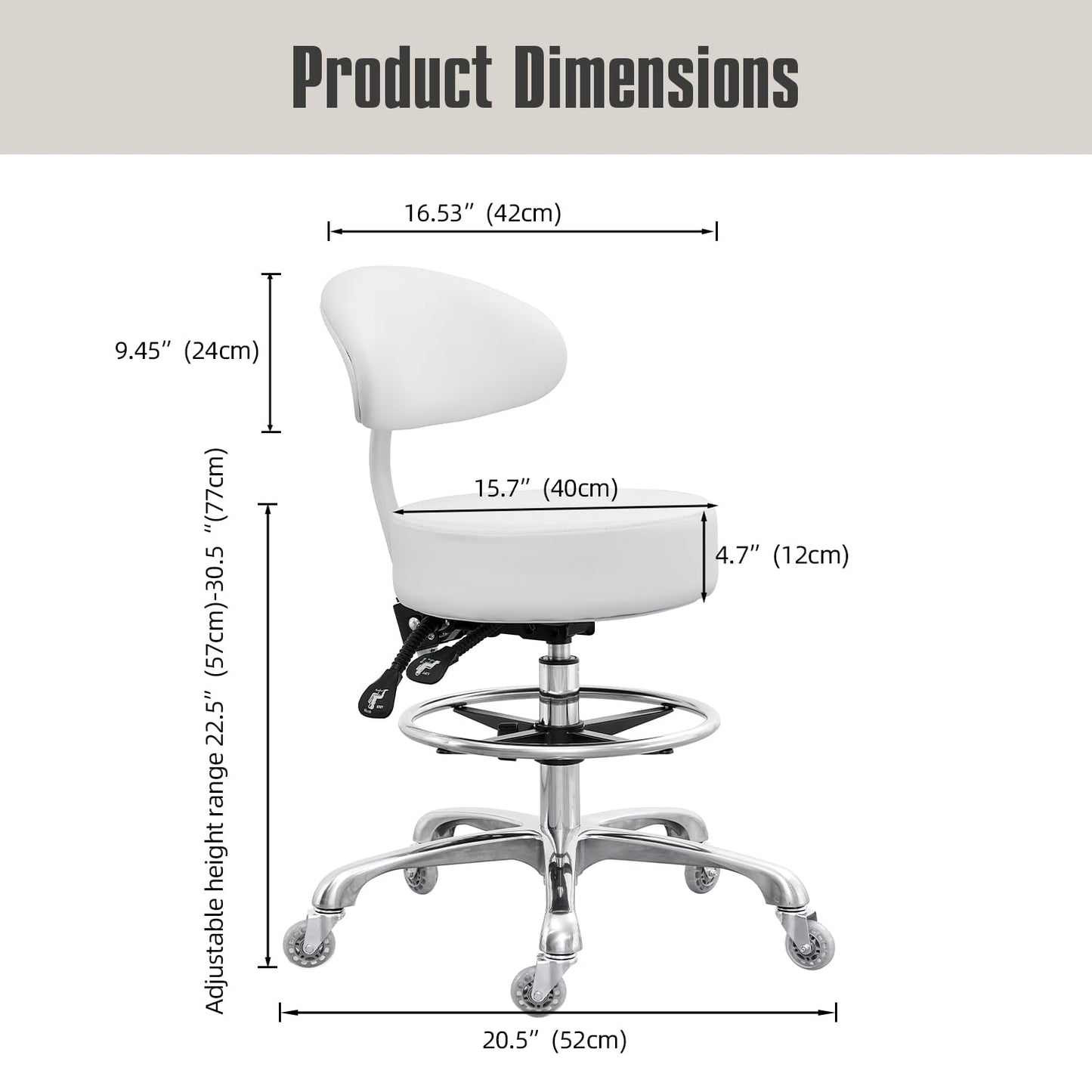 Grace&Grace Drafting Chair Big Cushion Rolling Stool with Back, Tall Shop Stool Rolling Chair with Footrest for Studio, Workshop, Classroom, Lab, Counter, Home Office (White)