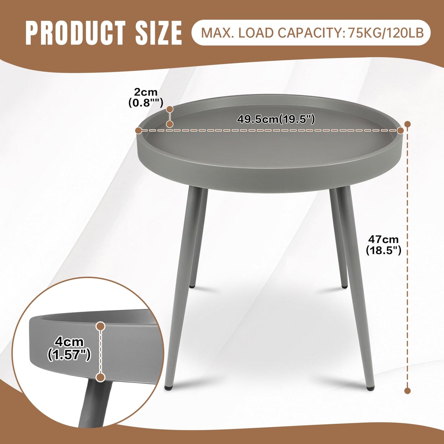 CHAIRABLE 20" Round Side Table, Plastic Top, Iron Frame, Waterproof, Gray