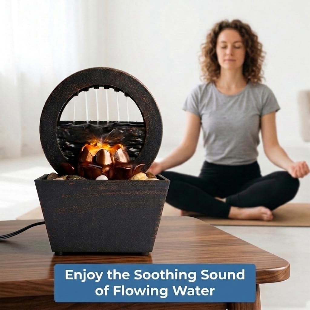 USB Tabletop Water Fountain with Warm Yellow LED – Compact Indoor Fountain with Real River Stones – Quiet Desktop Waterfall for Office, Bedroom, Yoga, Meditation – Bronze