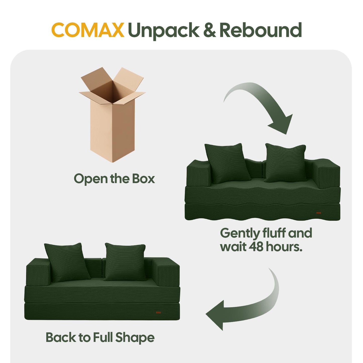 COMAX Futon Sofa Bed, 4‑in‑1 Convertible Sofa Bed, Folding Boneless Couches for Living Room, Fold Out Small Foldable Loveseat Floor Sleeper Comfy Mattress Lounge Space‑Saving, Green