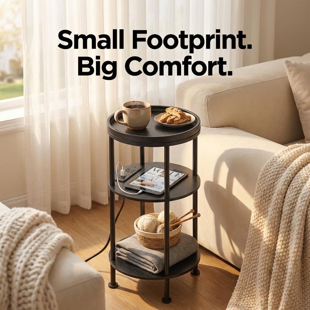 ZEXVIDA Small Round Side Table with Charging Station for Small Spaces, 3-Tier Accent Table with USB Ports & Power Outlets, Sofa Corner Tea Table for Living Room Nightstand Bedroom Apartment (Black)