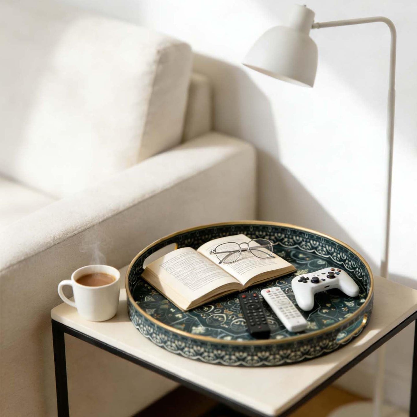 Fuukou Round Serving Tray with Handles - Large Round Ottoman Tray Coffee Table Tray,Plastic Decorative Serving Trays for Coffee Table,Round Boho Tray for Ottoman Living Room