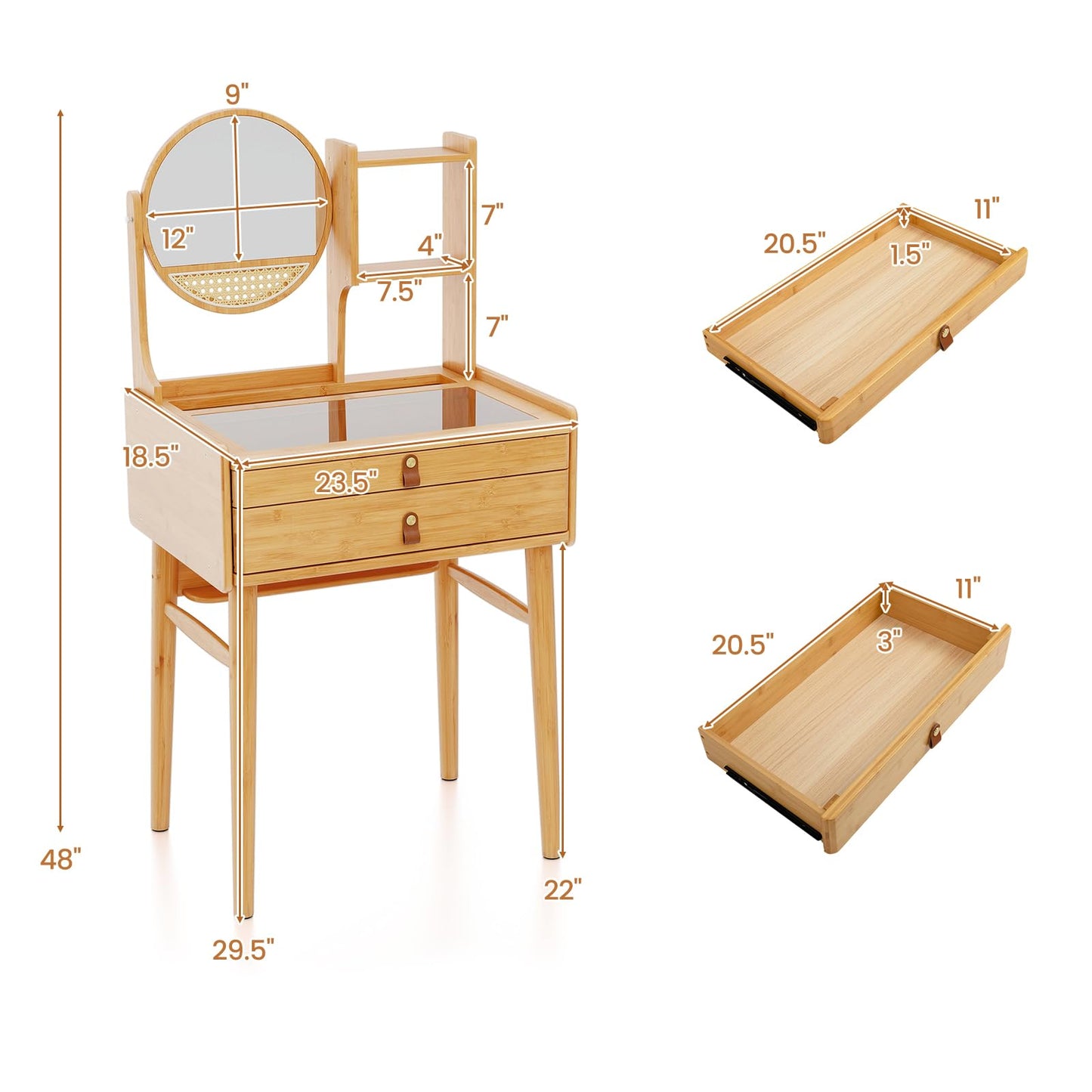 COSTWAY Vanity Desk with Mirror, Bamboo Makeup Vanity Set w/ 2 Drawers, 2 Shelves, Tabletop Storage Compartment & Clear Tempered Glass Tabletop, Small Bedroom Dressing Table for Adult Teens