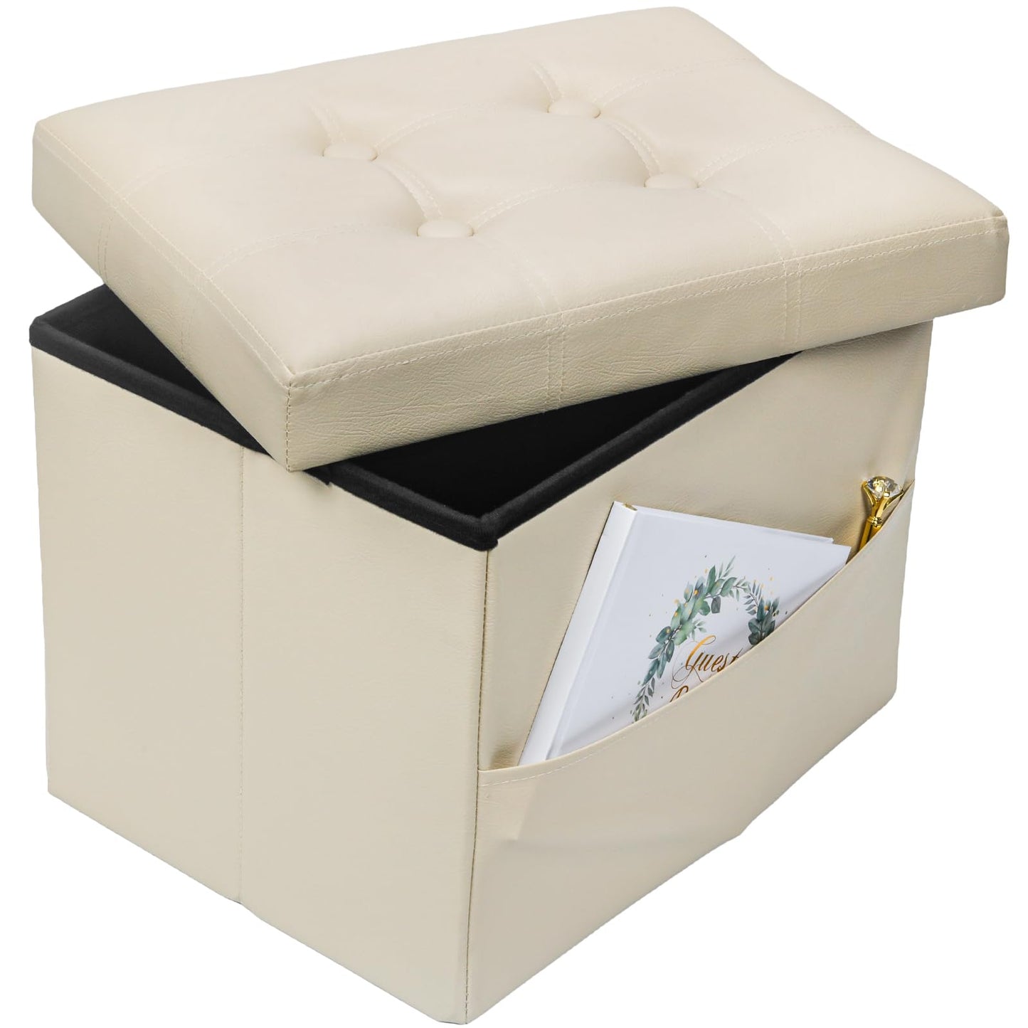 Bsketa Storage Ottoman Foot Rest Stool, Small Leather Storage Ottomans Bench, Folding Footstool with Side Pockets, Foot Rest Under Desk for Living Room Bedroom, 17x13x13 in, Beige
