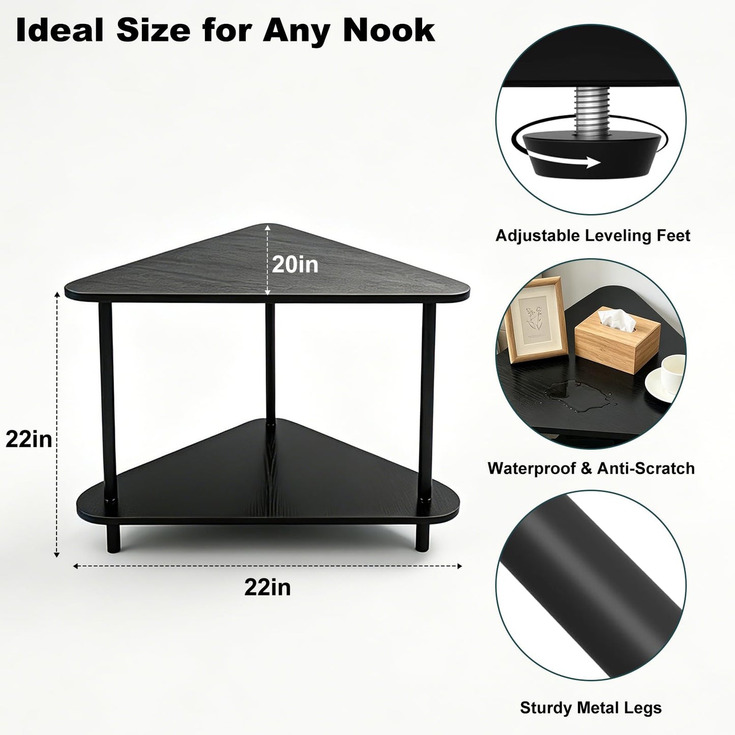 TECHYAP Black Triangle Side Table, 22" Small Corner End Table Triangle Night Stand 2-Tier with Storage Shelf, Coffee Corner Tables for Living Room Bedroom Nightstand ModernMinimalist Bedside Table