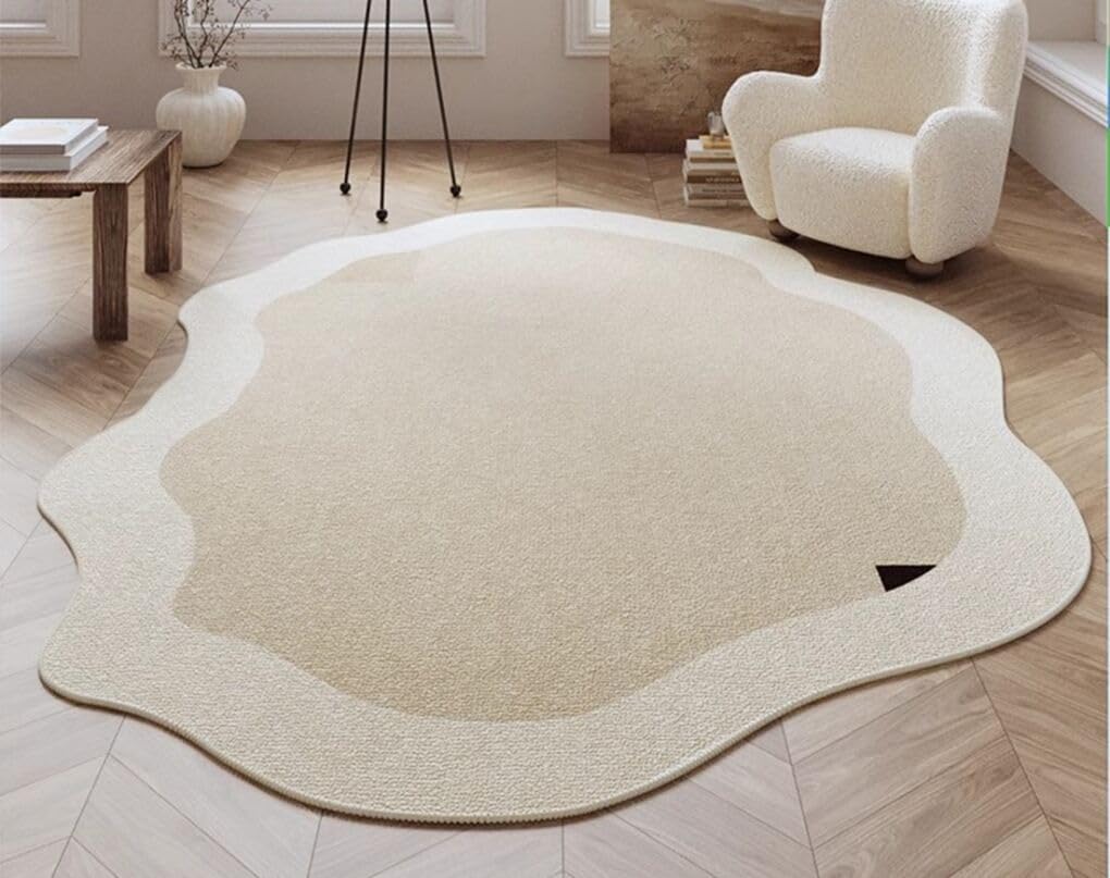 Boho Odd Shaped Rugs Cream Beige Irregular Rug for Living Room Bedroom Home Office Machine Washable Low Pile Shag Carpet 5x8 Minimalist Modern Playroom Nursery Indoor Non Slip Durable Runner Mats