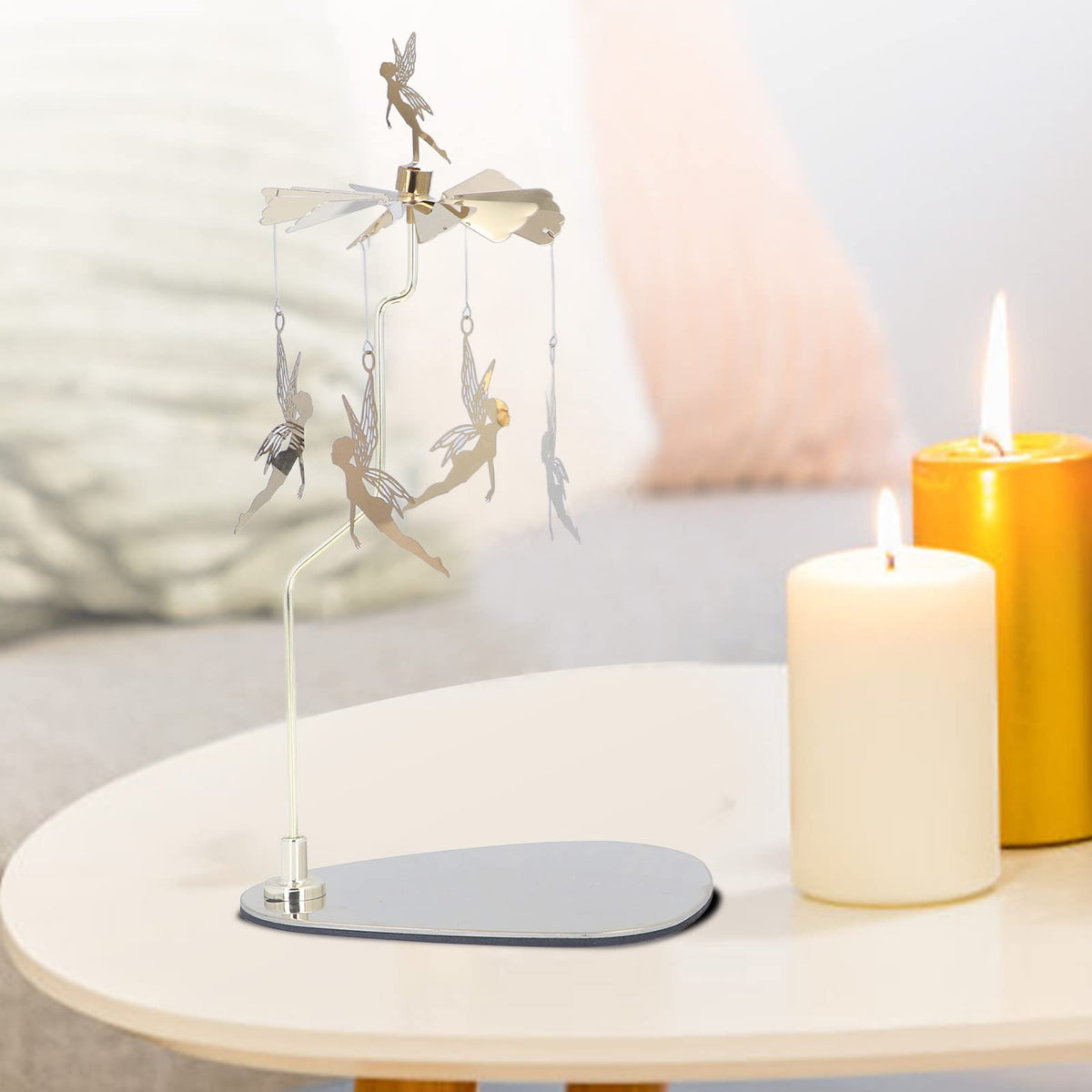 Cunyuer Candle Carousel Spinner, Rotarys Candle Holder Spinning, Gold Metal Flying Angels Tea Lights Candles Holder, Romantic Scandinavian Designed Ornament for Wedding Christmas