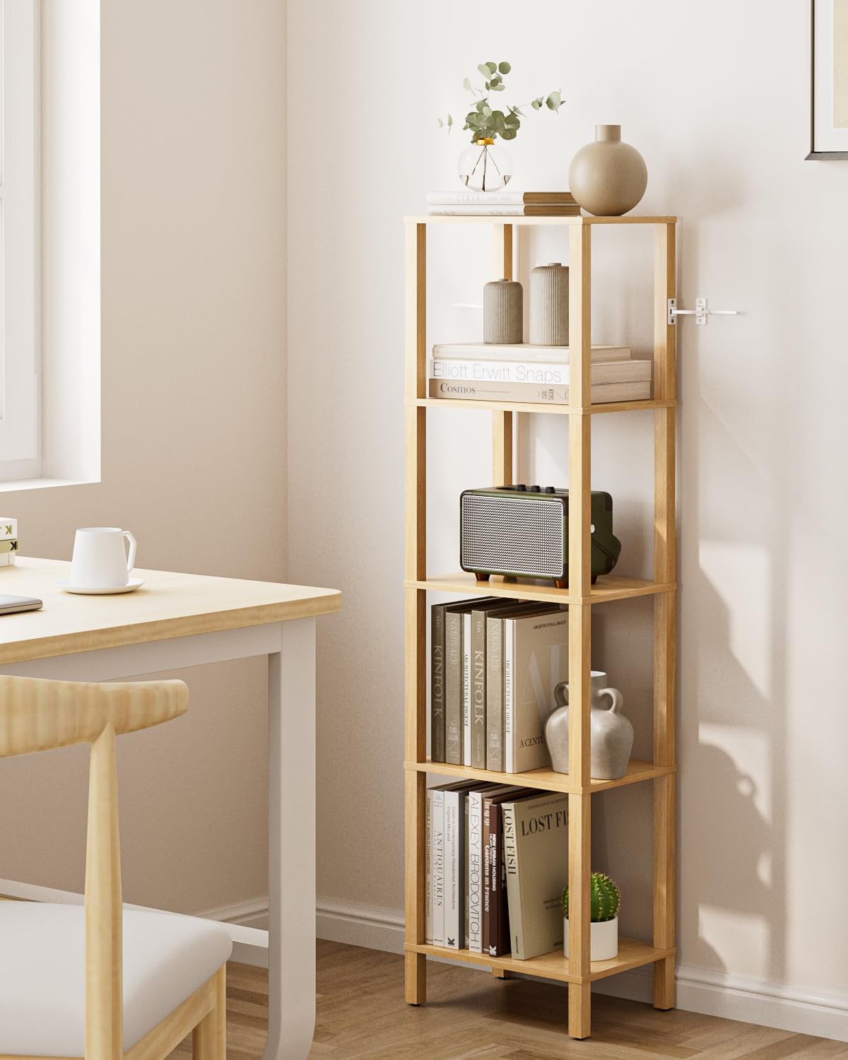 Apetaccat Open Book Shelf, 5 Tier Tall Bookshelf, Freestanding Shelf Narrow Bookcase with Open Shelves, 14.96" x 10.63" x 53.54", Book Shelves for Living Room, Office, Study, Oak