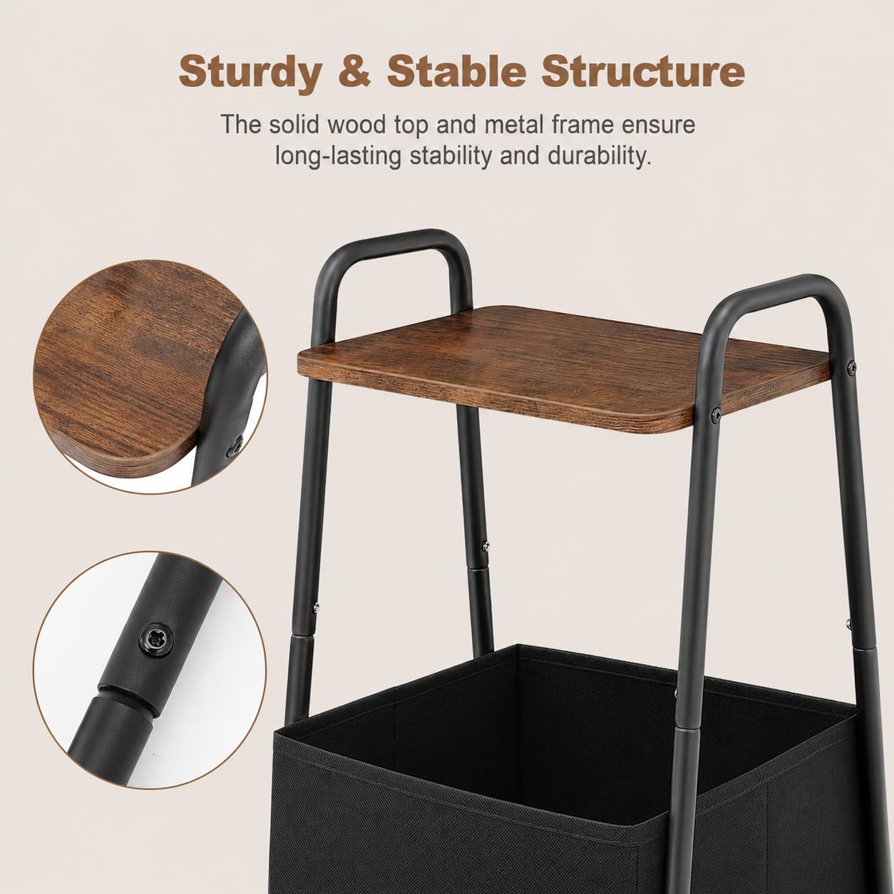 Synlajoy Rustic Brown Metal Frame Nightstand - Small Side Table with Fabric Storage Basket and Handle - Ideal for Bedroom & Living Room & Dorm