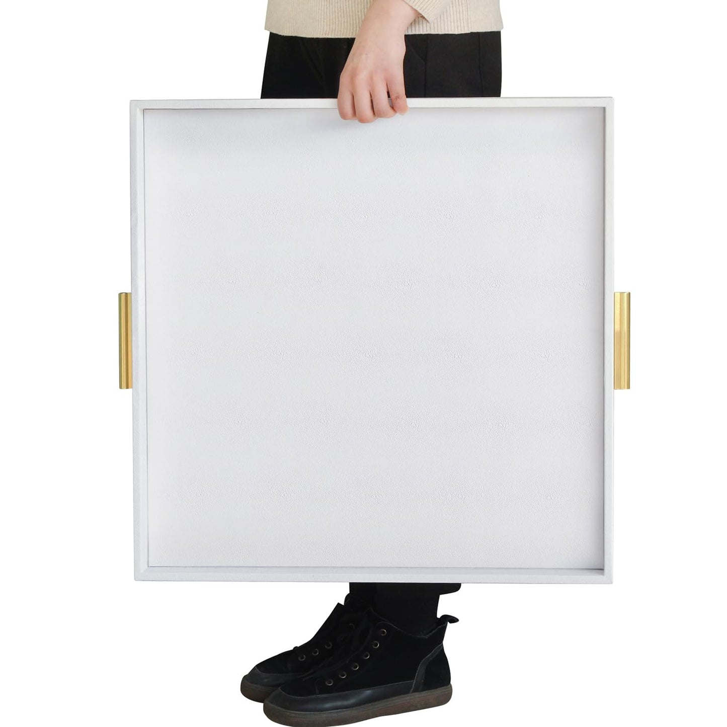 HofferRuffer Extra Large Square Serving Tray, Elegant Faux Leather Ottoman Tray with Gold Hardware Handles, Serve Tea, Coffee or Breakfast in Bed, 24 x 24 inches (White Shagreen)