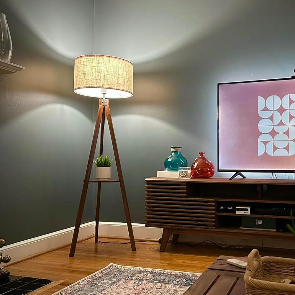 LEPOWER Tripod Floor Lamp, Mid Century Wood Standing Lamp, Modern Design Shelf Floor Lamp for Living Room, Bedroom, Office, Flaxen Linen Shade with E26 Base Brown