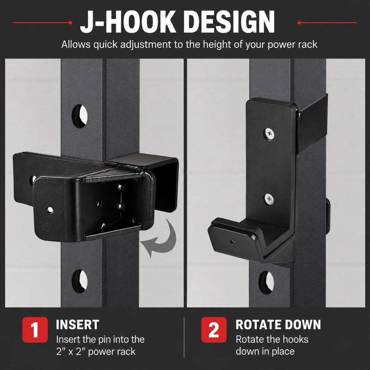AINAFIX J Hooks for 2" x 2" Power Rack with 5/8" Hole, Rubber Pad J-Hook for Power Cage, Bottom Reinforced Steel J Cups for Squat Rack, Heavy Duty Barbell Holder, Black