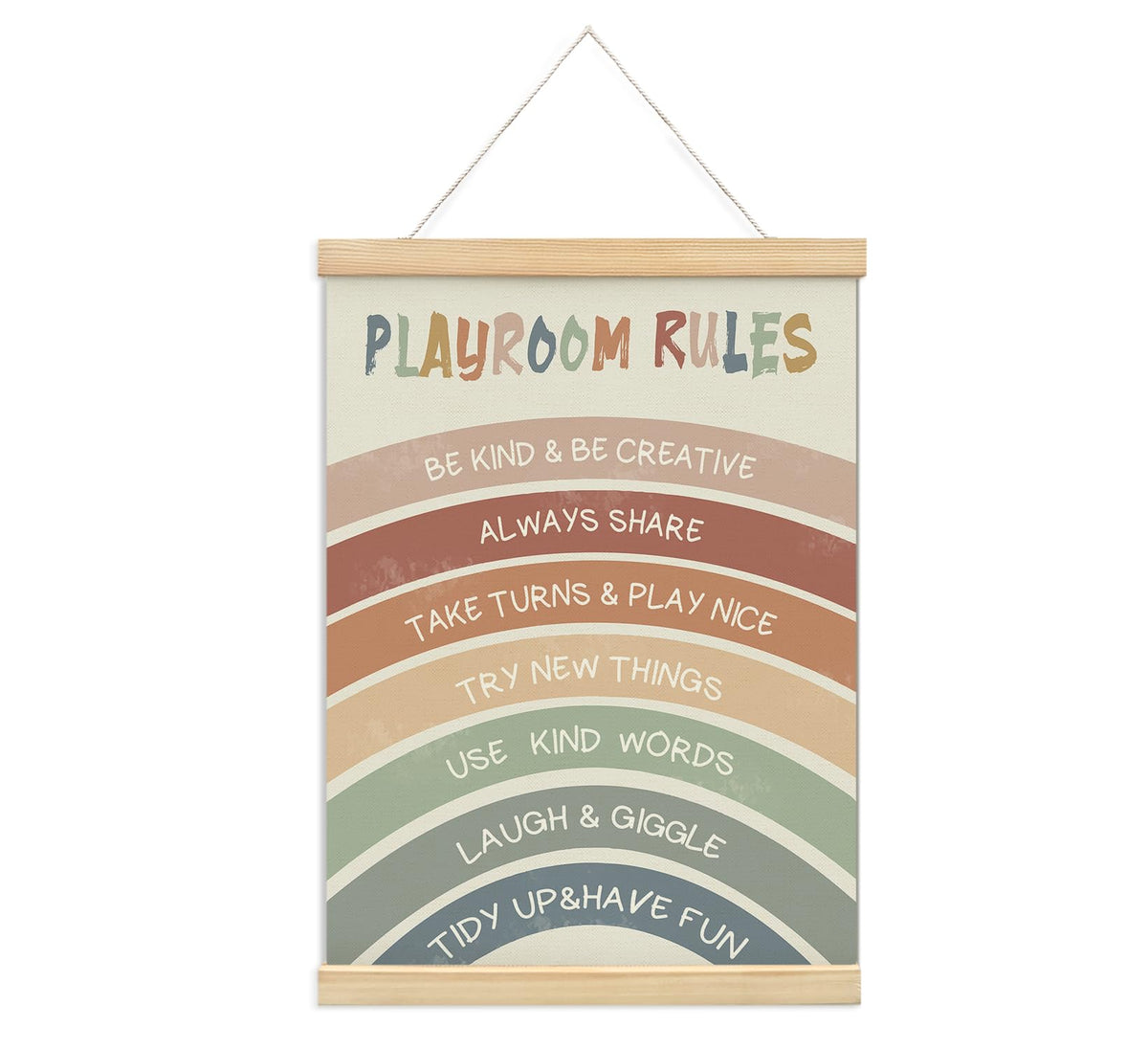 foedor Boho Rainbow Nursery Playroom Rules Wall Art with Wooden Frames,Playroom Wall Decor Canvas Hanging Banner,Playroom Sign Affirmations Prints Framed for Classroom Kids Room Wall Decor,12x16 Inch