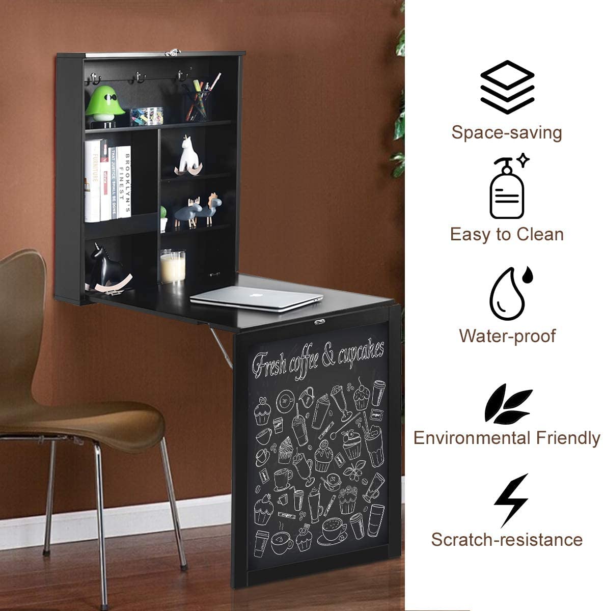 GRAFFY Modern Black Wall-Mounted Folding Desk, 24" x 34" x 57.5" (L x W x H), Multi-Function Table with Storage Shelves & Hooks, Computer Desk Laptop Workstation Home Office
