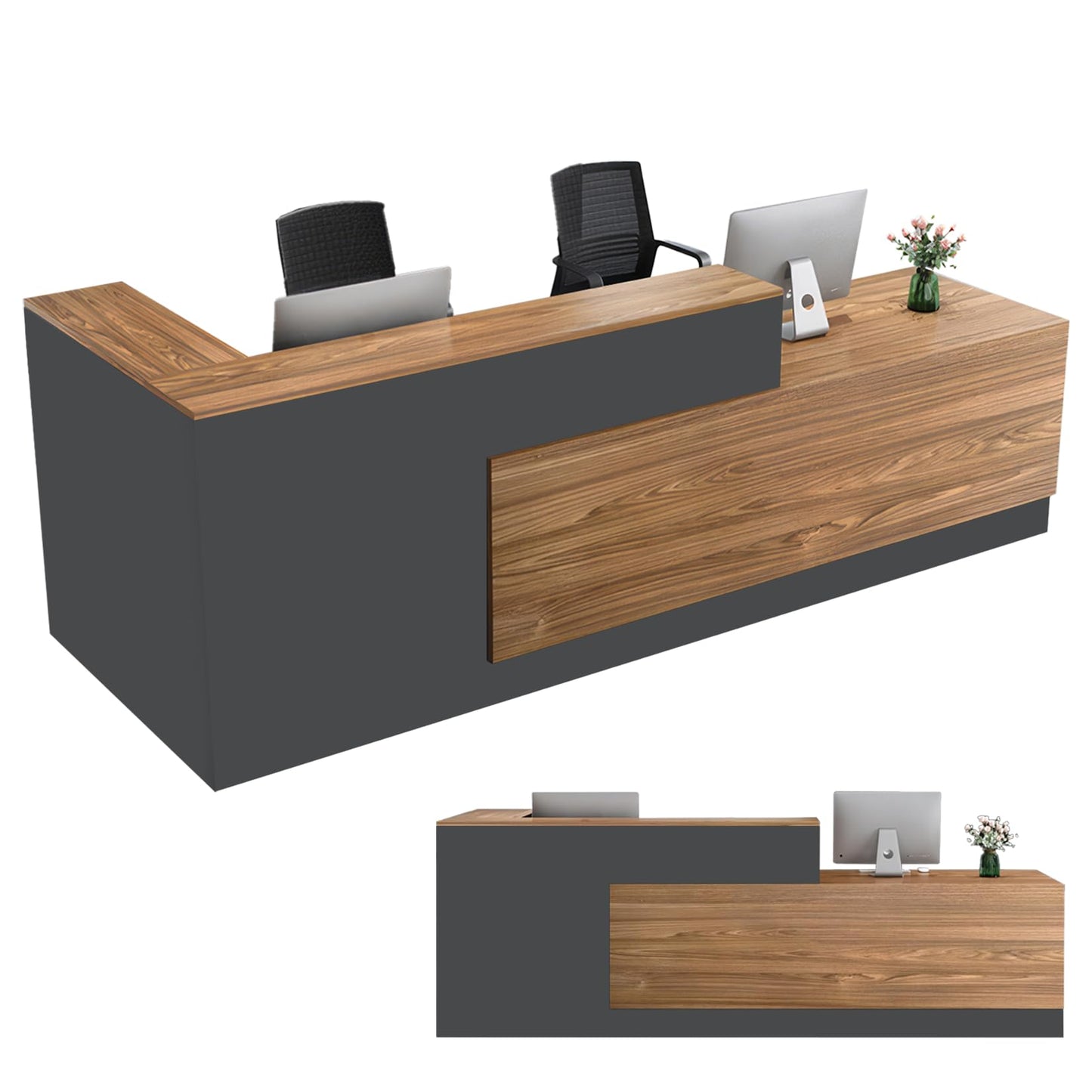 JYUREO L-Shaped Reception Desk with Counter and Lockable Drawers and Storage,Modern Front Desk Reception Counter for Checkout, Lobby, Beauty Salon (R-Walnut & Graphite Finish, 78.74inx39.4inx39.4in)