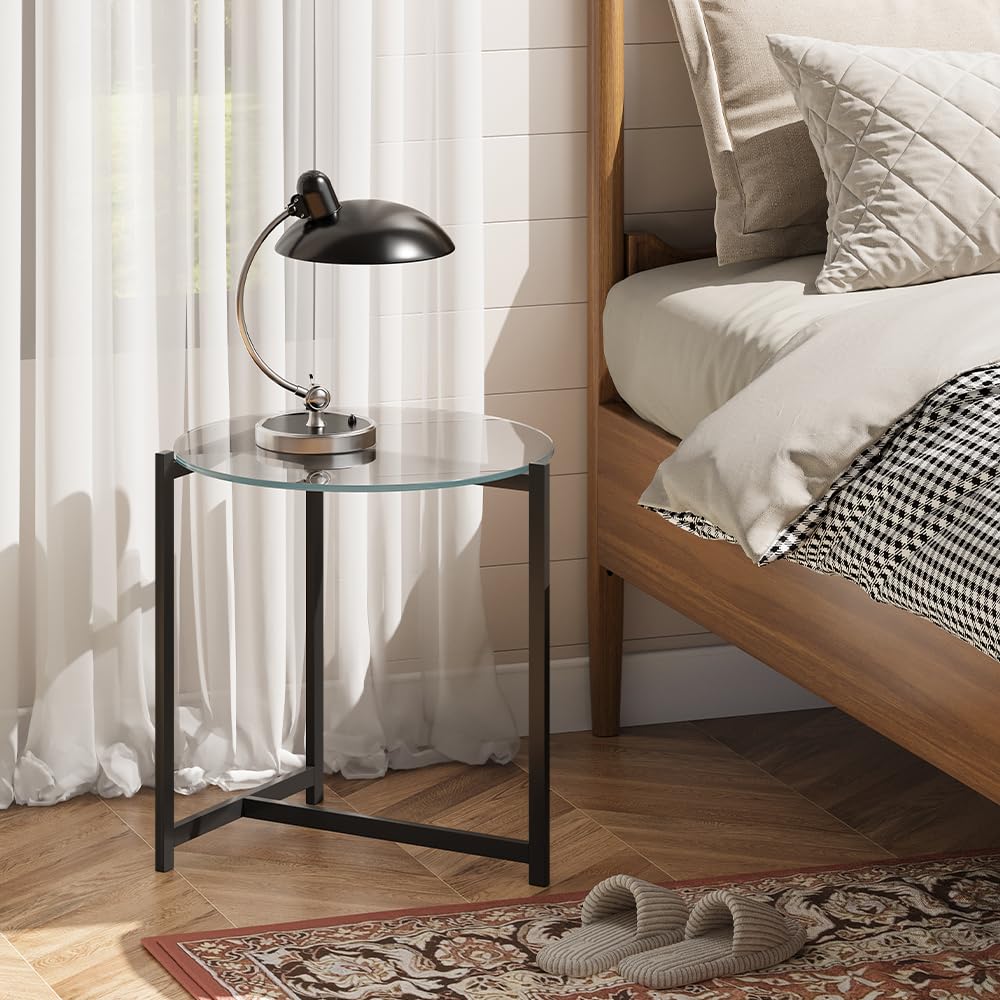 Cuizehua 16 Inch Round Glass Coffee Table, Tempered Clear Glass Top with Sturdy Black Metal Frame, Easy Assembly Modern Side Table/End Table for Living Room, Bedroom, Office