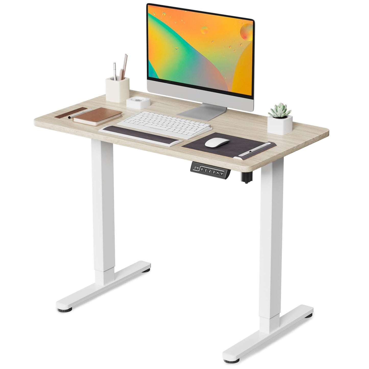 JOY worker Small Electric Standing Desk, 35" x 20" Whole Piece Height Adjustable Desk with Memory Controller, Light Walnut Sit to Stand Workstation for Home Office