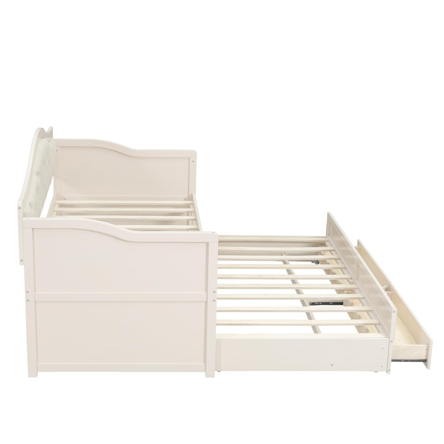 NCKMYB Multifunctional Twin Daybed with Trundle, Wood Sofa Bed with 2 Storage Drawers and Upholstered Back, Space Saving for Small Rooms, Guest Room, Dorm (Beig)