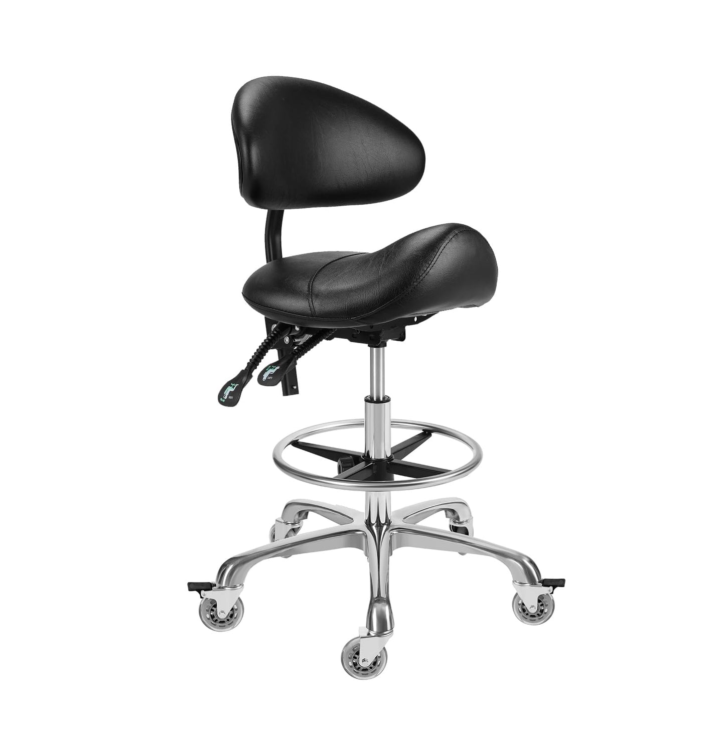 Saddle Stool Chair with Backrest and Footrest- Ergonomic Rolling Saddle Stools Hydraulic Swivel Adjustable Stool Esthetician Chair for Massage Beauty Salon Tattoo Dentist Clinic Home Office (Black)