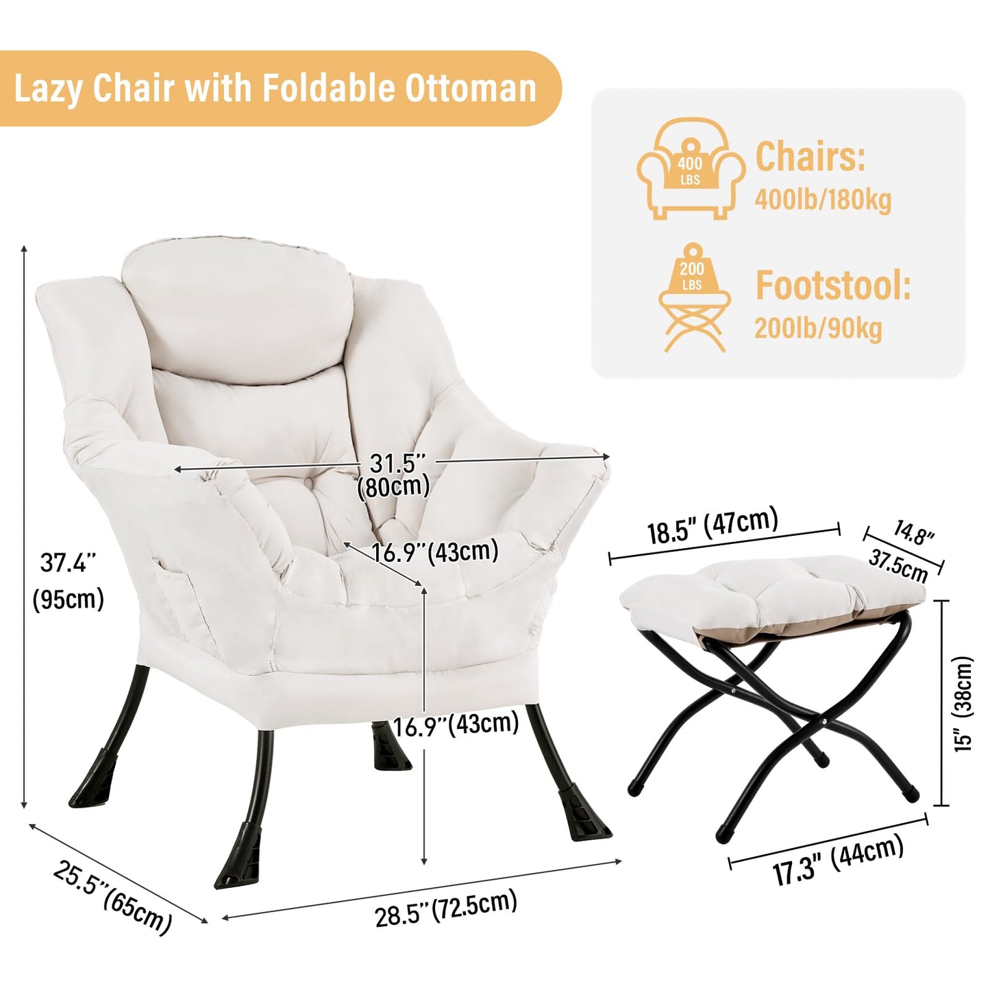 Furlide Lazy Chair with Ottoman, Modern Accent Chair with Armrests and a Side Pocket, Beige Accent Chairs, Reading Chairs, Oversized Armchairs for Bedroom, Study, Living Room, Courtyard