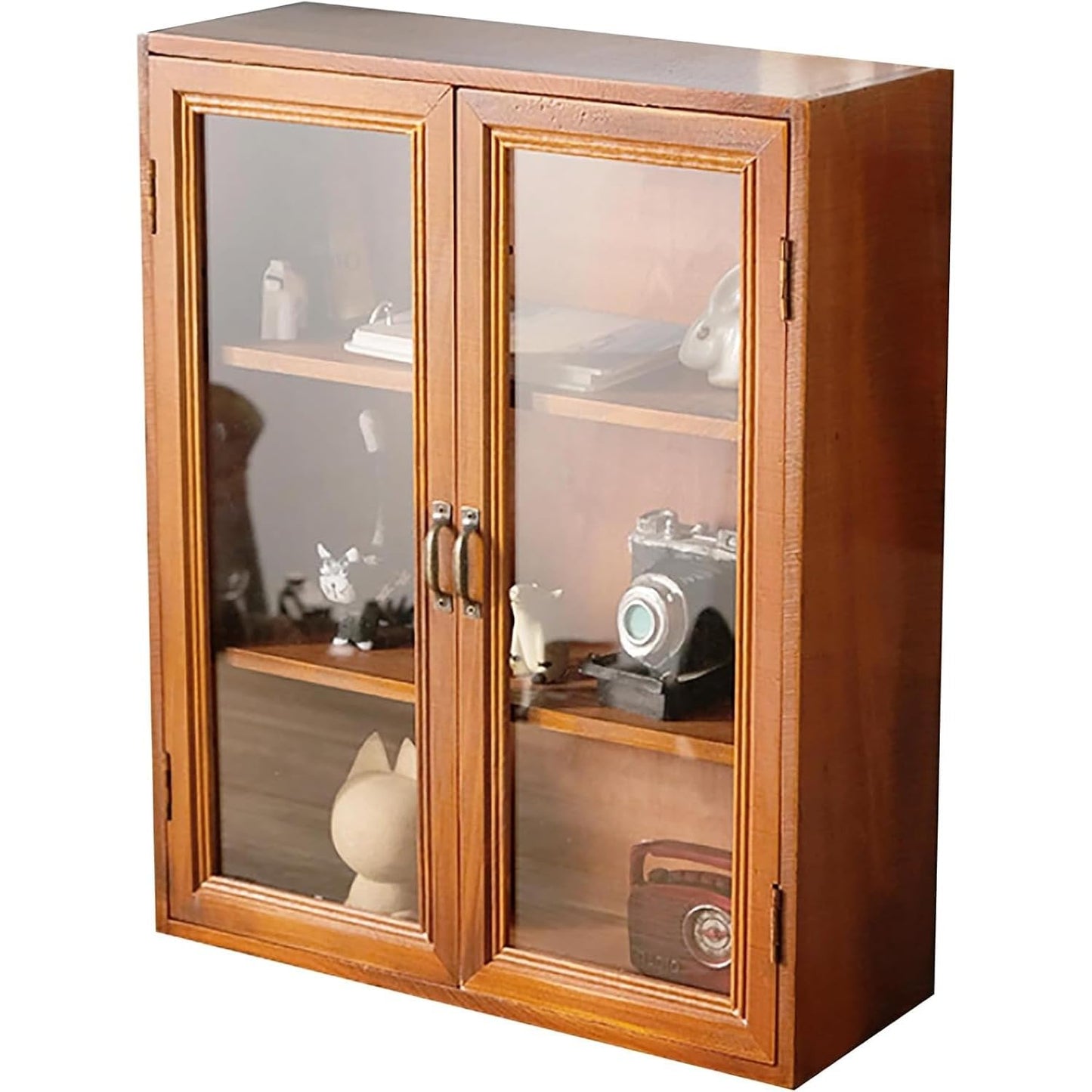Woodaholic Storage Display Cabinet with Clear Display Doors - Pantry Storage Cupboard - 3-Level Cover with 2 Metal Handles - Rustic Mini Kitchen Cupboard, Mahogany Wood