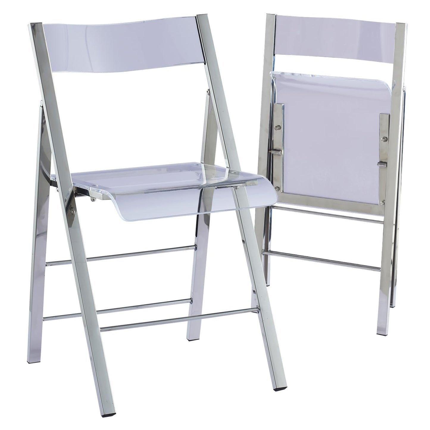 ISL Furnishings Kasper Flex Modern Acrylic Folding Chairs – Foldable Transparent Clear Lucite Chair with Chromed Steel Frame for Indoor, Outdoor, Dining, Desk, Office, Vanity – Silver, Set of 2