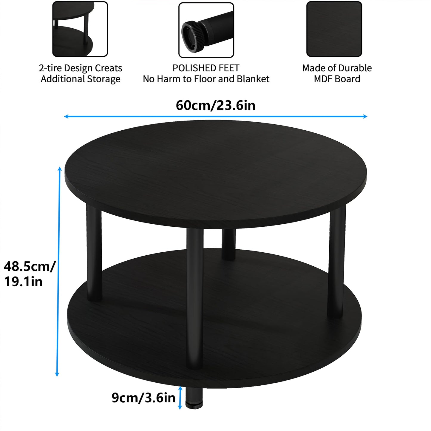 VERFARM 23.6" Round Coffee Table, 2-Tier Small Circle Coffee Table with Storage, Modern Center Accent Table with Metal Frame, Side Table End Table for Small Space, Living Room, Office, Black