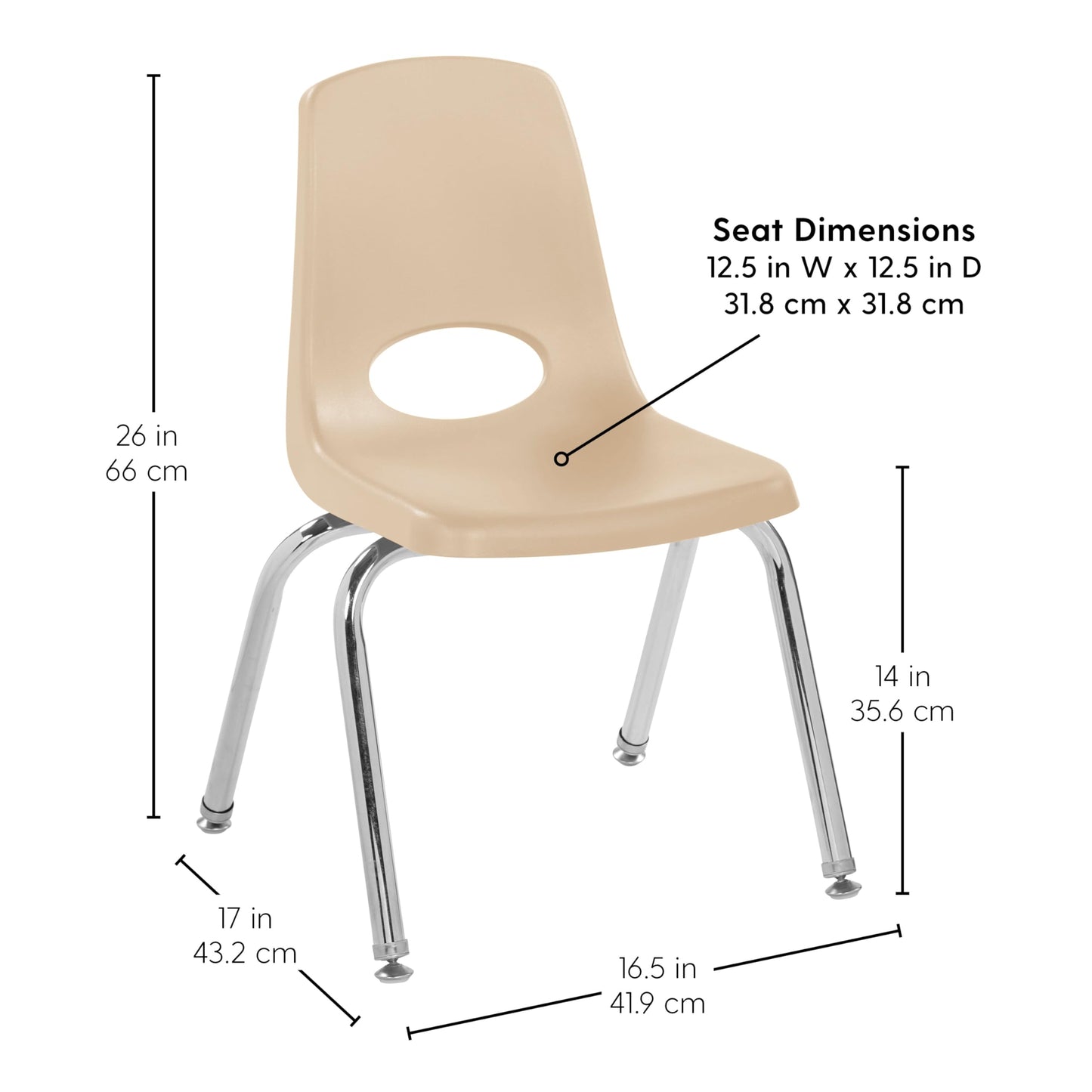 FDP 14" School Stack Chair, Stacking Student Seat with Chromed Steel Legs and Nylon Swivel Glides; For In-Home Learning or Classroom - Sand (4-Pack), 10381-SD
