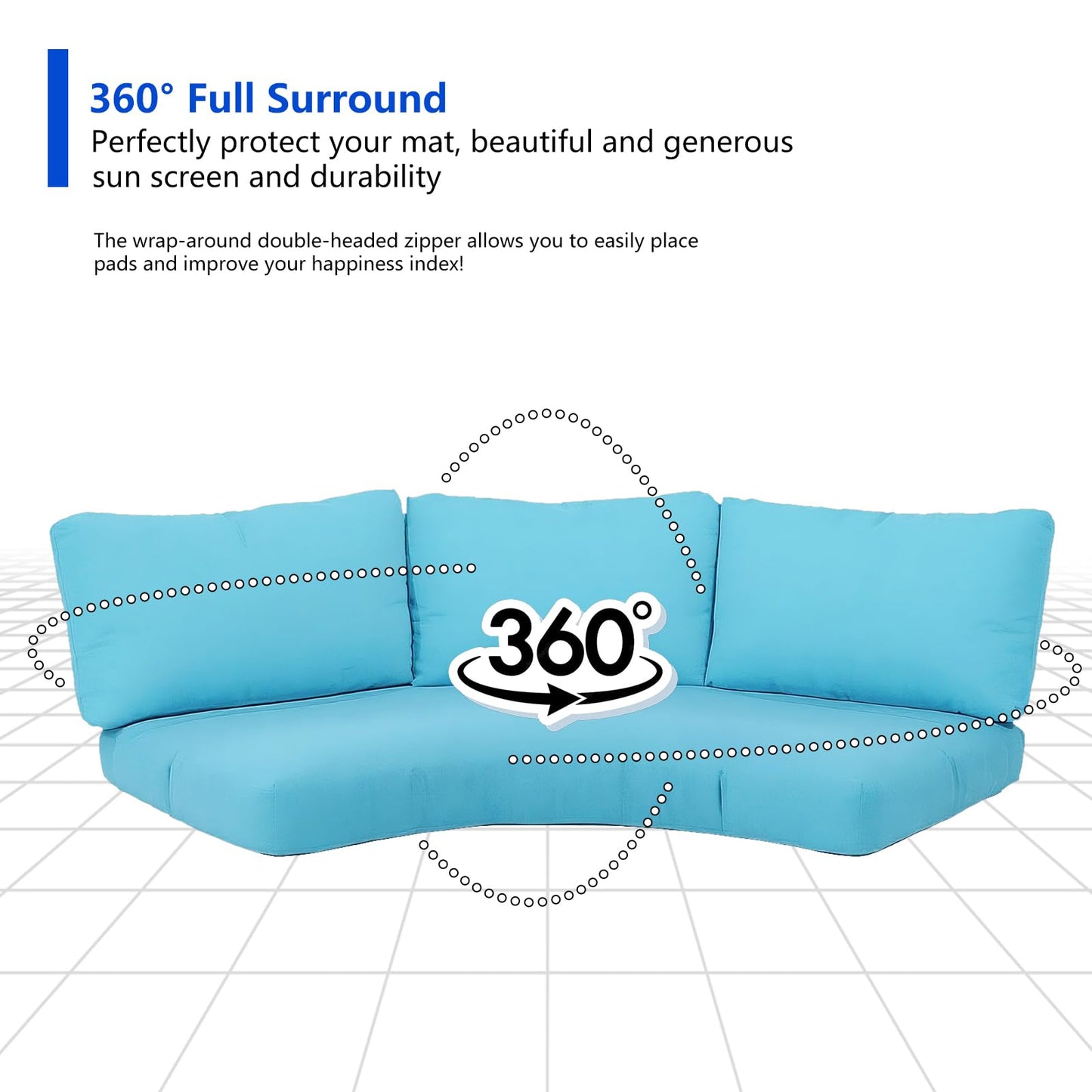 MFPMTUXO Outdoor Curved Sofa Cushion Cover with Zipper & Anti-Slip Particles, Half Moon Patio Furniture Cushions Covers Waterproof, Olefin Fabric-ONLY Cover (Aruba Blue, 77/40 * 28 * 5.3inch)