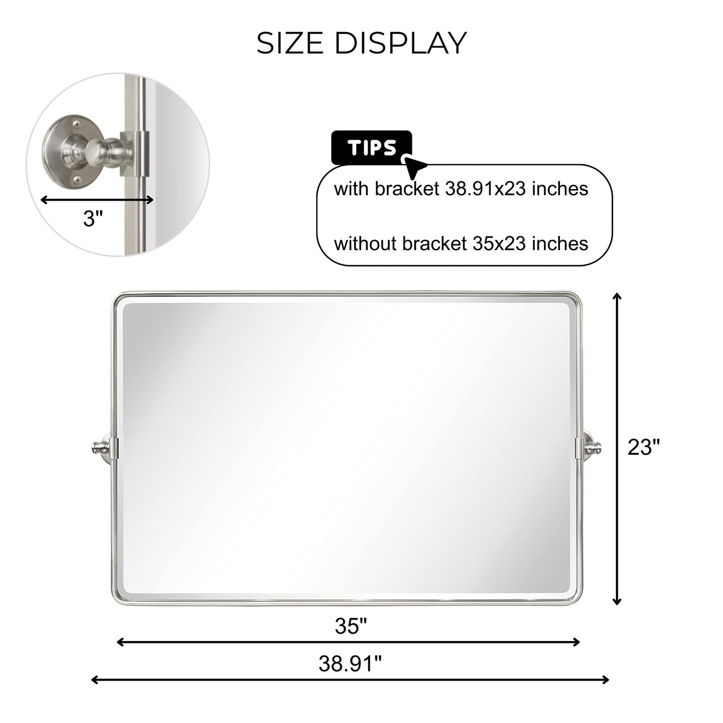 TEHOME Horizontal Pivot Bathroom Mirror Tilting Brushed Nickel Metal Framed Pivot Rectangle Rounded Rectangluar Vanity Mirrors for Wall, Overall 38.91 x 23 inches (Mirrror 35 x 23 inches)