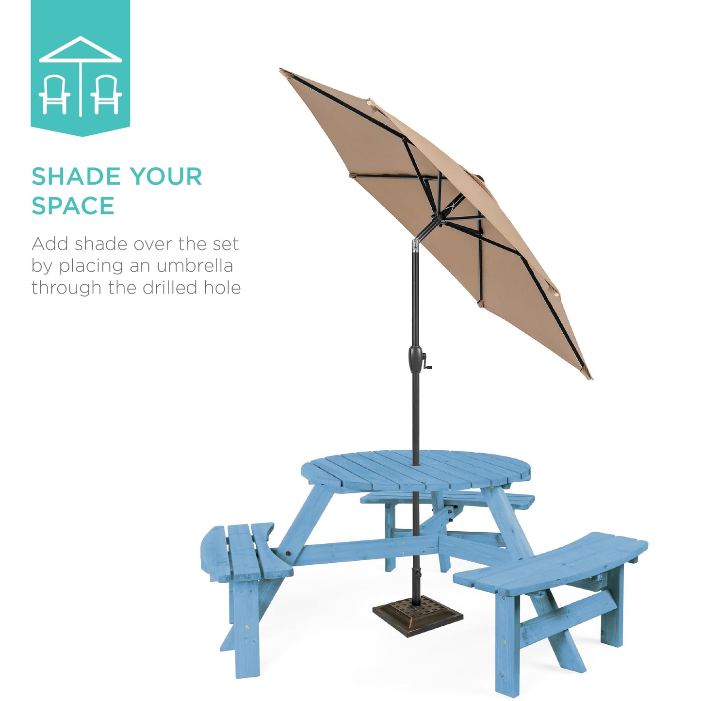 Best Choice Products 6-Person Circular Outdoor Wooden Picnic Table for Patio, Backyard, Garden, DIY w/ 3 Built-in Benches, 500lb Capacity - Seaside Breeze