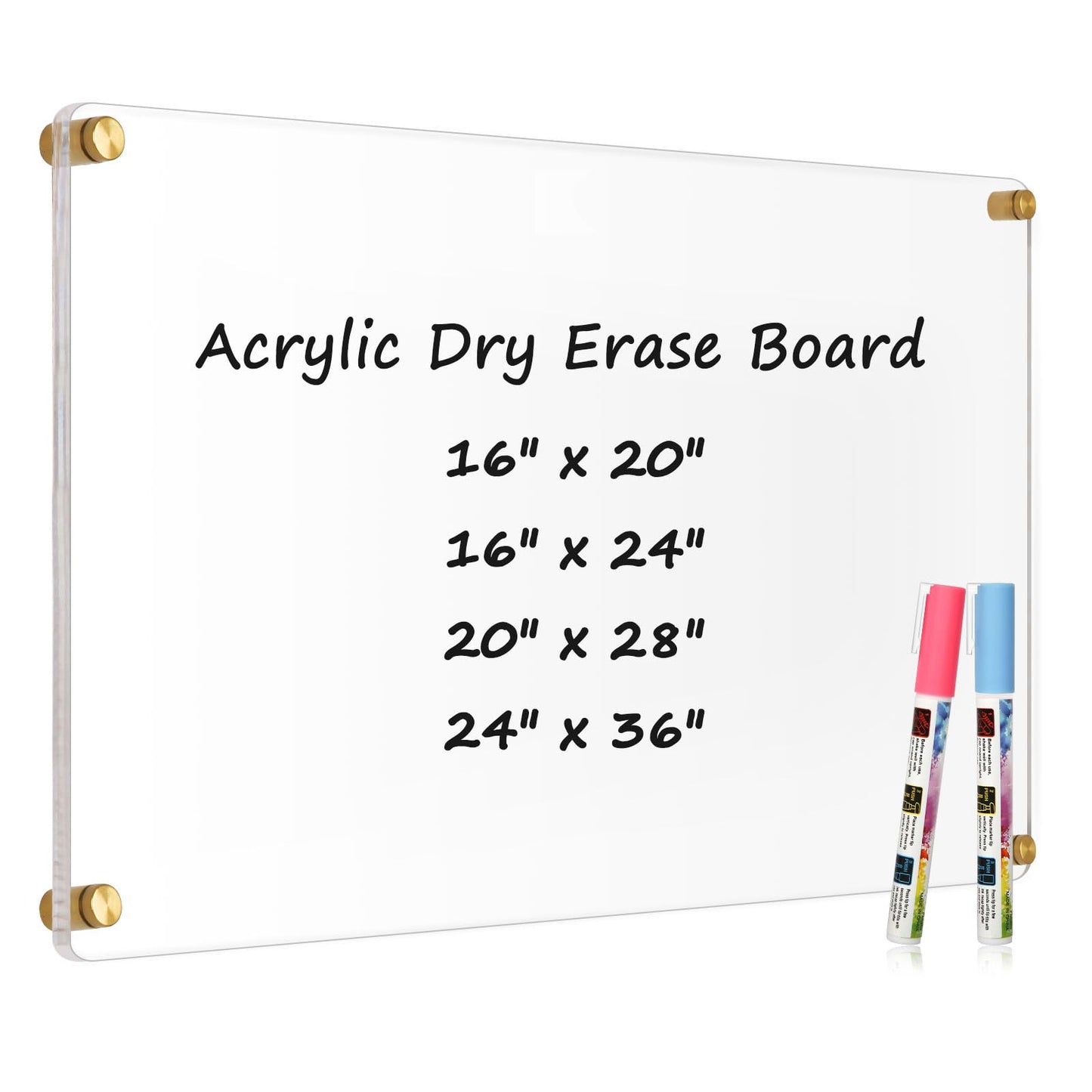 AMUSIGHT Large Clear Acrylic Dry Erase Board, 36" X 24" Golden Non-Magnetic Frameless Clear White Board for Wall, Erasable Acrylic Board for Wall, Home, Office, School, 2 Markers