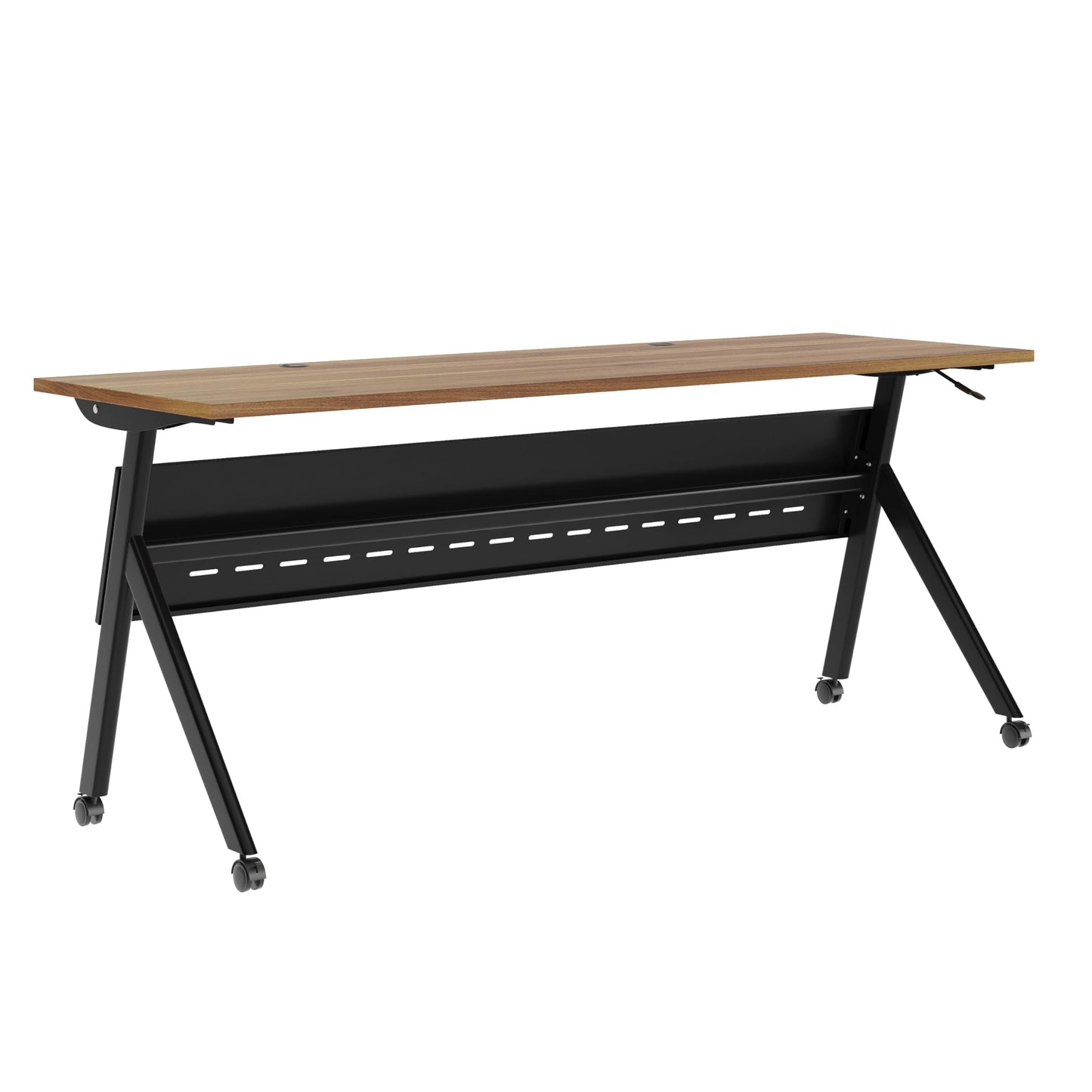 BizChair Commercial Grade 72" x 24" Heavy-Duty Nesting Flip Training Table with Y-Legs, Modesty Panel, 1" Thick Walnut Tabletop, and Black Steel Frame