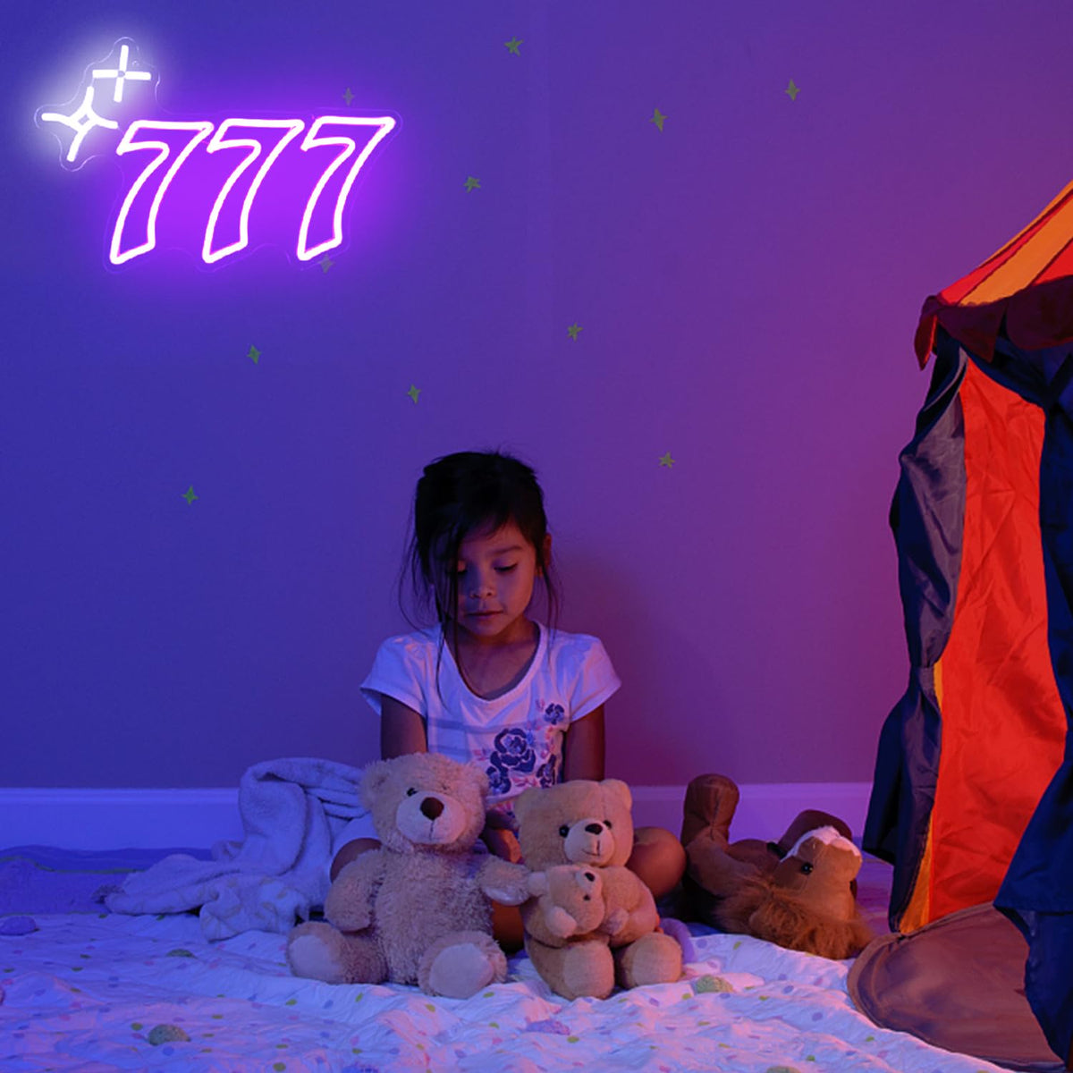 Purple 777 Neon Sign Angel Number Neon Lights Signs Lucky Number Seven LED Neon Signs for Wall Decor White Star Neon Wall Sign 777 Light Up Sign for Bedroom Dorm Birthday Party Y2k Room Decor