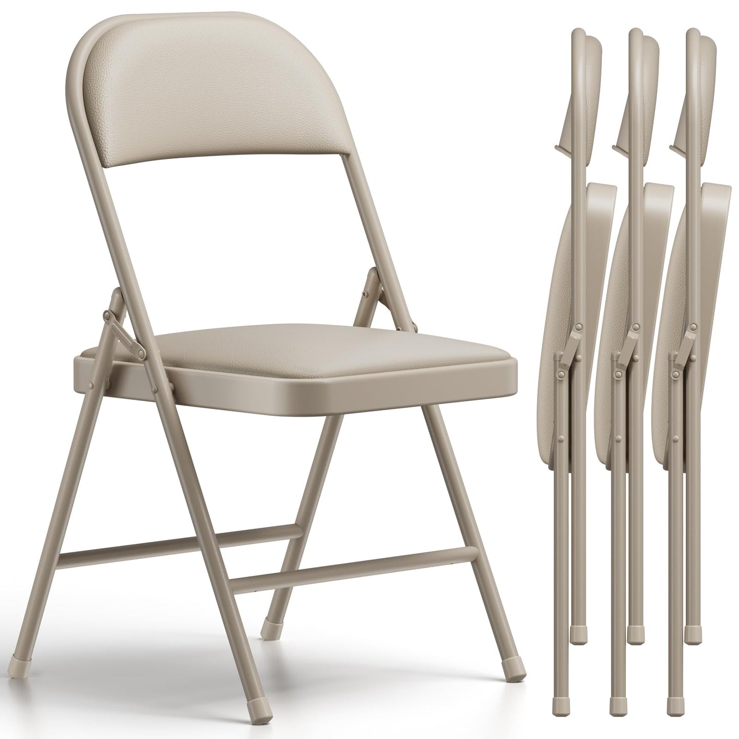 Folding Chairs 4 Pack,350 lbs Heavy Duty Metal Frame Folding Chairs with PU Leather Cushion, Ergonomic Foldable Chair with Non-Slip Feet, Portable Stackable Seating for Office Wedding Camping -Khaki
