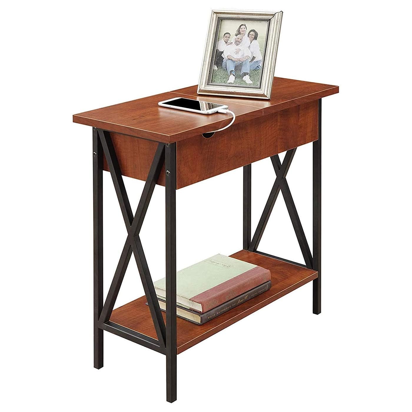 Convenience Concepts Tucson Electric Flip Top Table in Cherry Wood and Black Metal Frame