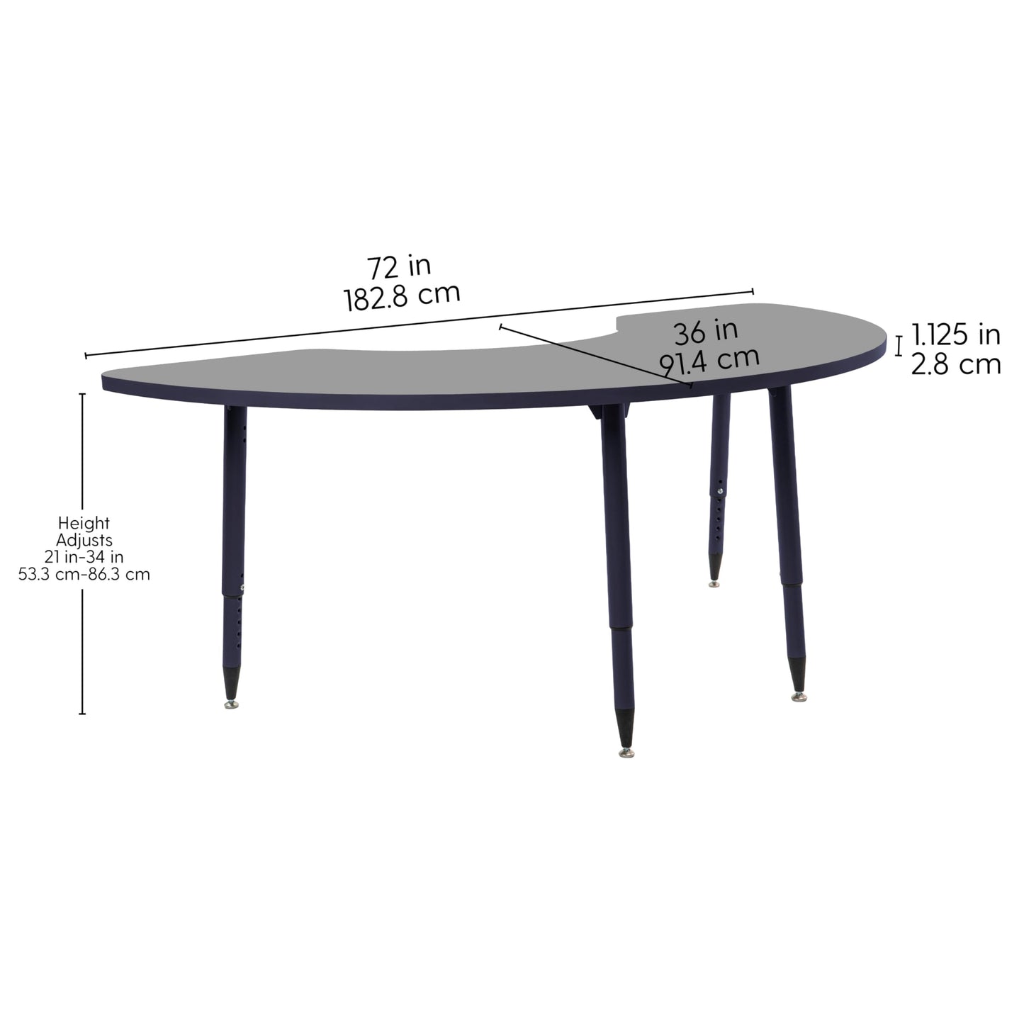 Adapte Commercial Classroom Activity Table - 36" x 72" Half Moon, ADA Compliant Tapered Legs with Glides & Casters, Adjustable Height 22-34" Wheelchair Accessible, School & Office Furniture