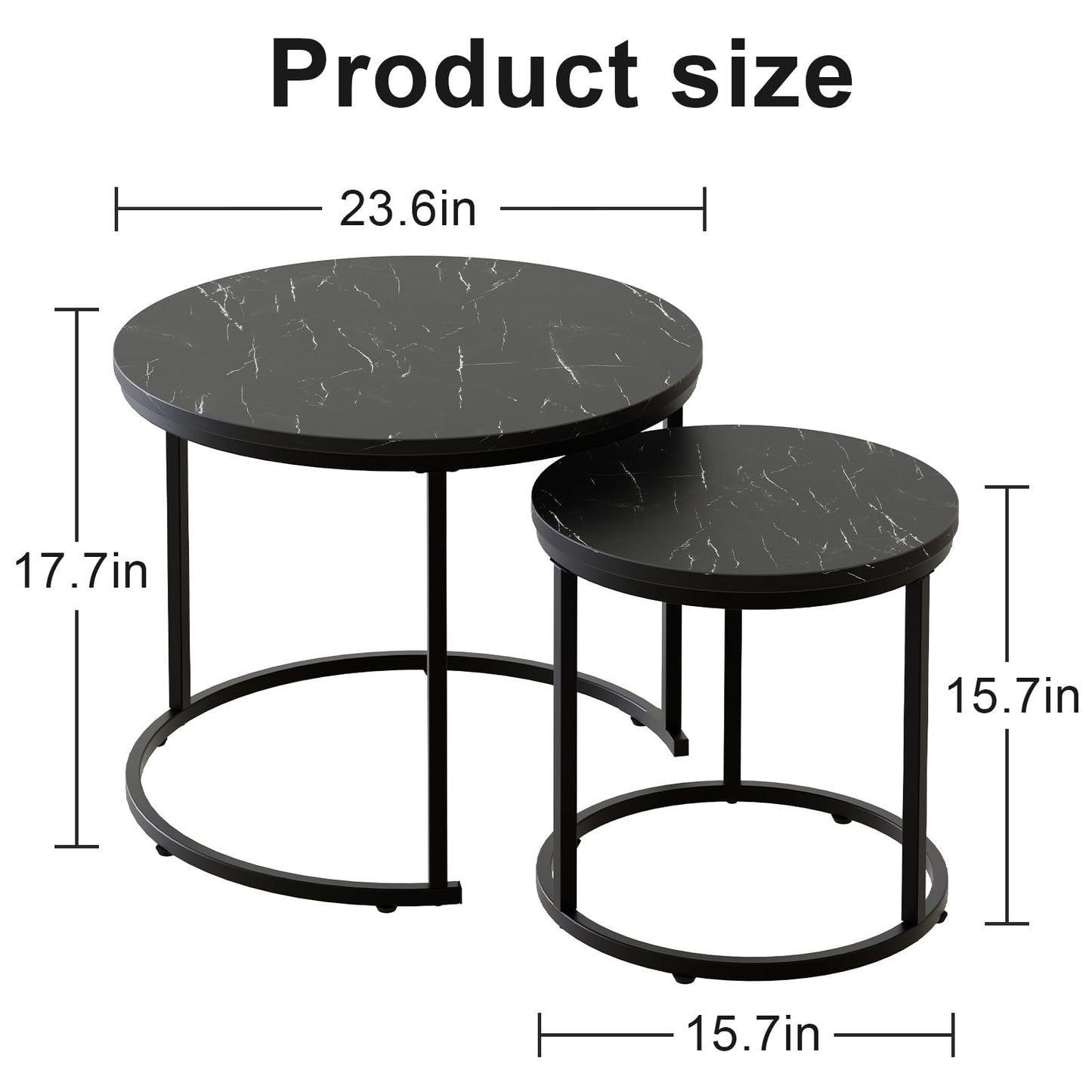aboxoo Round Nesting Coffee Table Side Set of 2 End Tables for Living Room Bedroom Balcony,Black Faux Marble Wooden Table 23.6IN Accent Large Coffee Table with Steel Frame