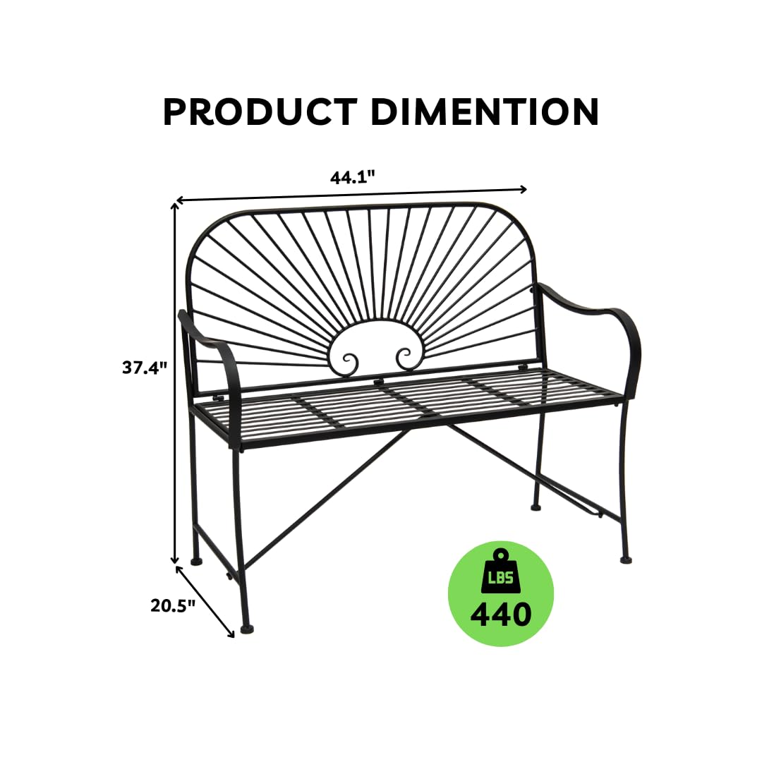 XBrand 44" L Iron Sun-Patterned Seat for Two, Patio & Porch Furniture for Park, Yard, Lawn, Balcony, Backyard – Black