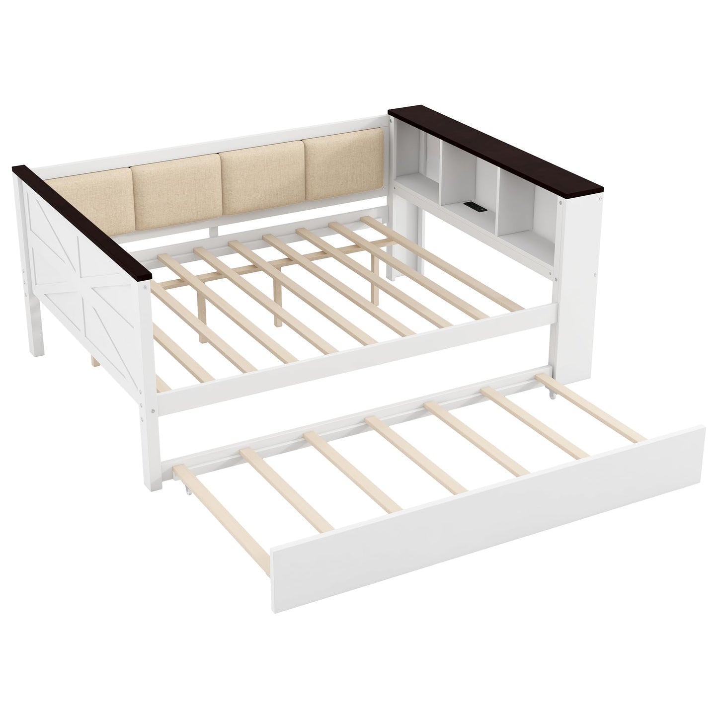 GVCXZBSS Full Size Wood Daybed with Storage Shelves, Upholstered Backrest,USB and Trundle, White