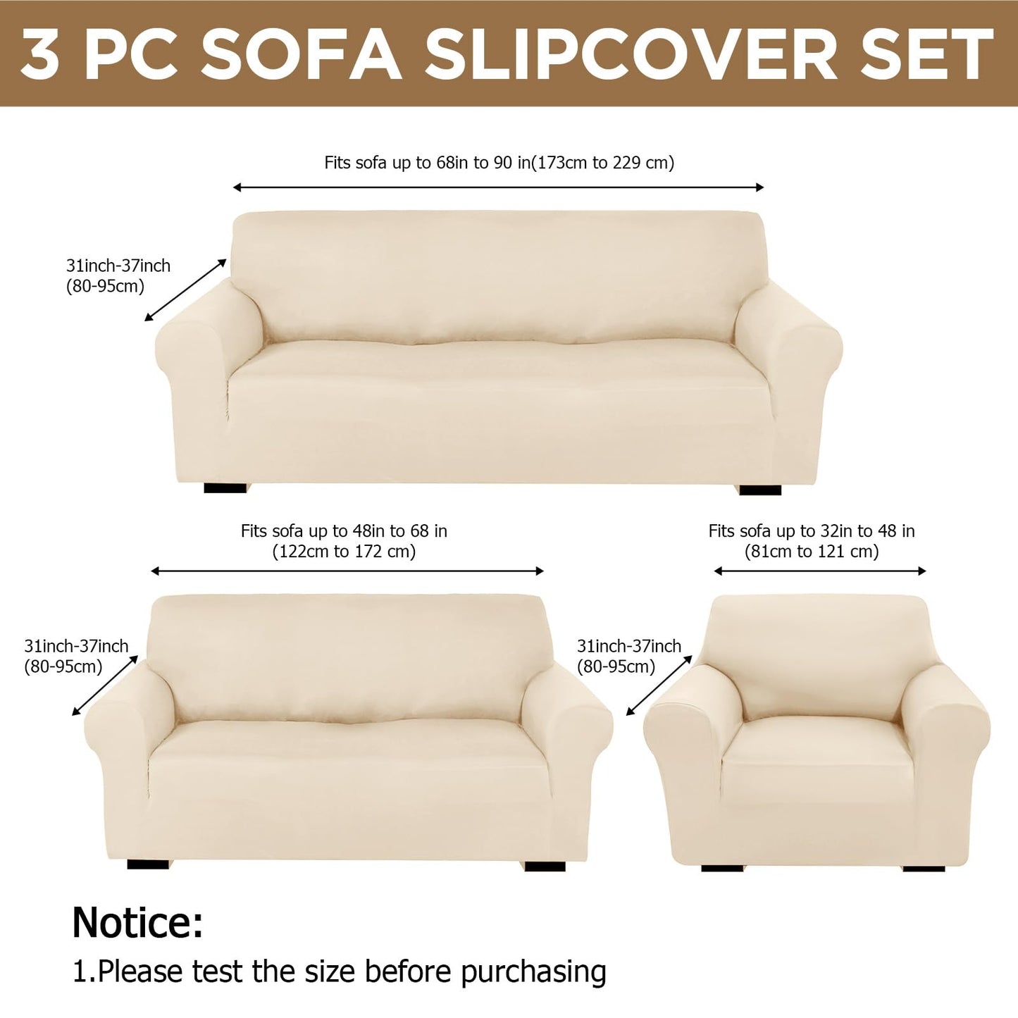Peryiter 3 Pcs Couch and Loveseat Covers Set Sofa Cover for Couch Sofa Slipcover for Living Room Arm Chair Furniture Protector(Cream,Milk Silk Spandex)