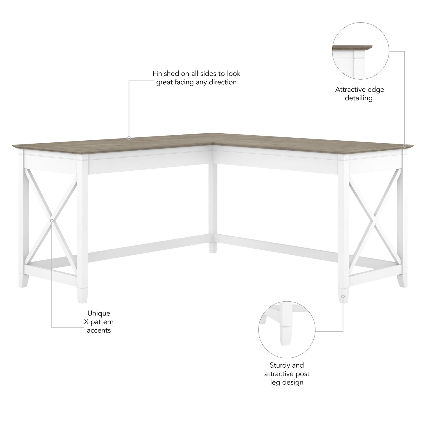 Bush Home Key West 60W Modern Farmhouse L Shaped Desk in Pure White and Shiplap Gray, 60-Inch Corner Computer Table for Home Office Workspace
